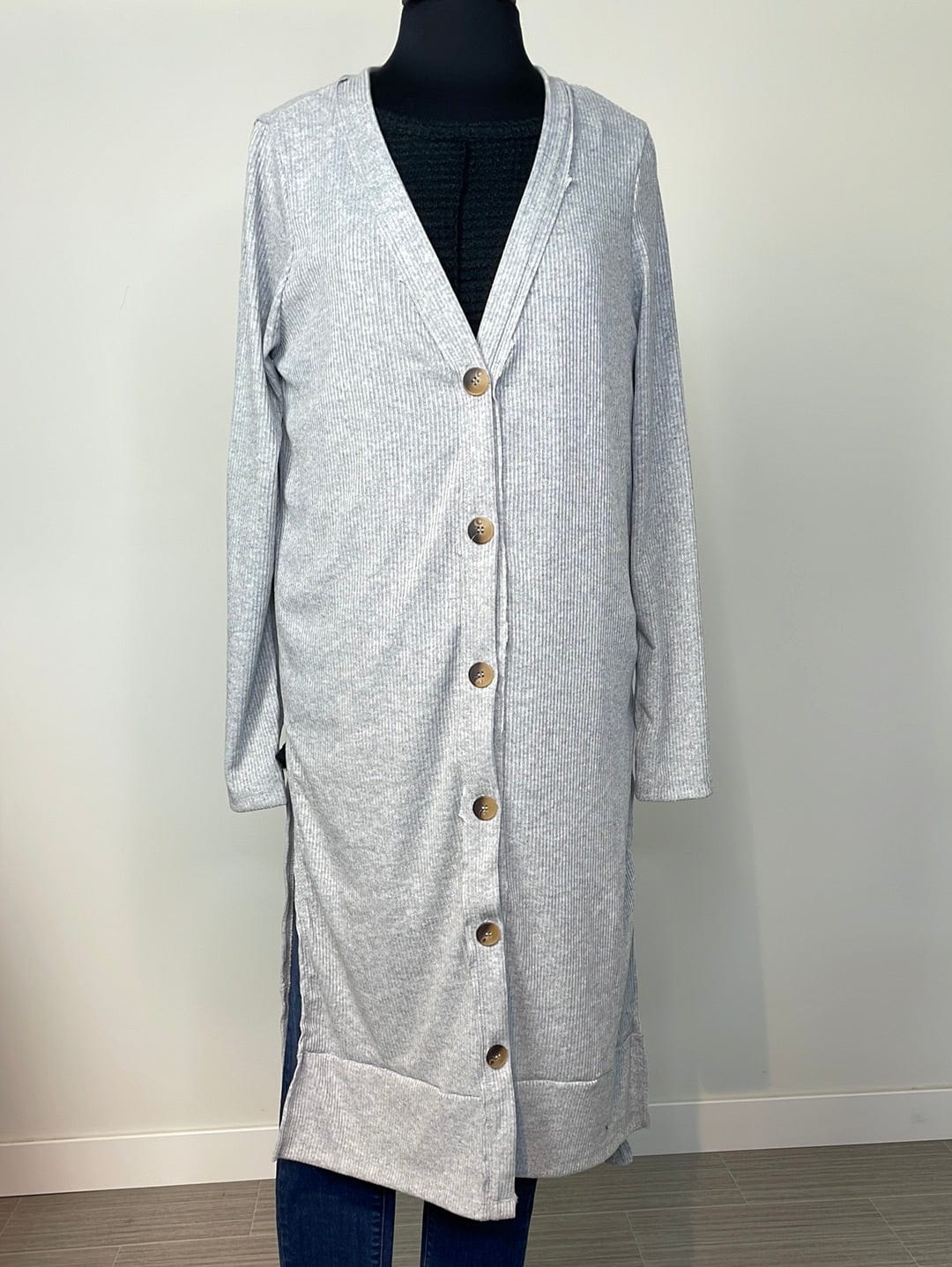 Heather Grey Ribbed Long Cardigan