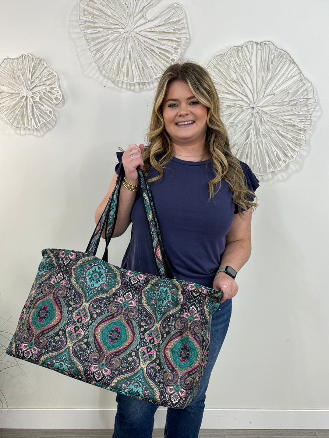 Teal & Black Damask Large Utility Tote