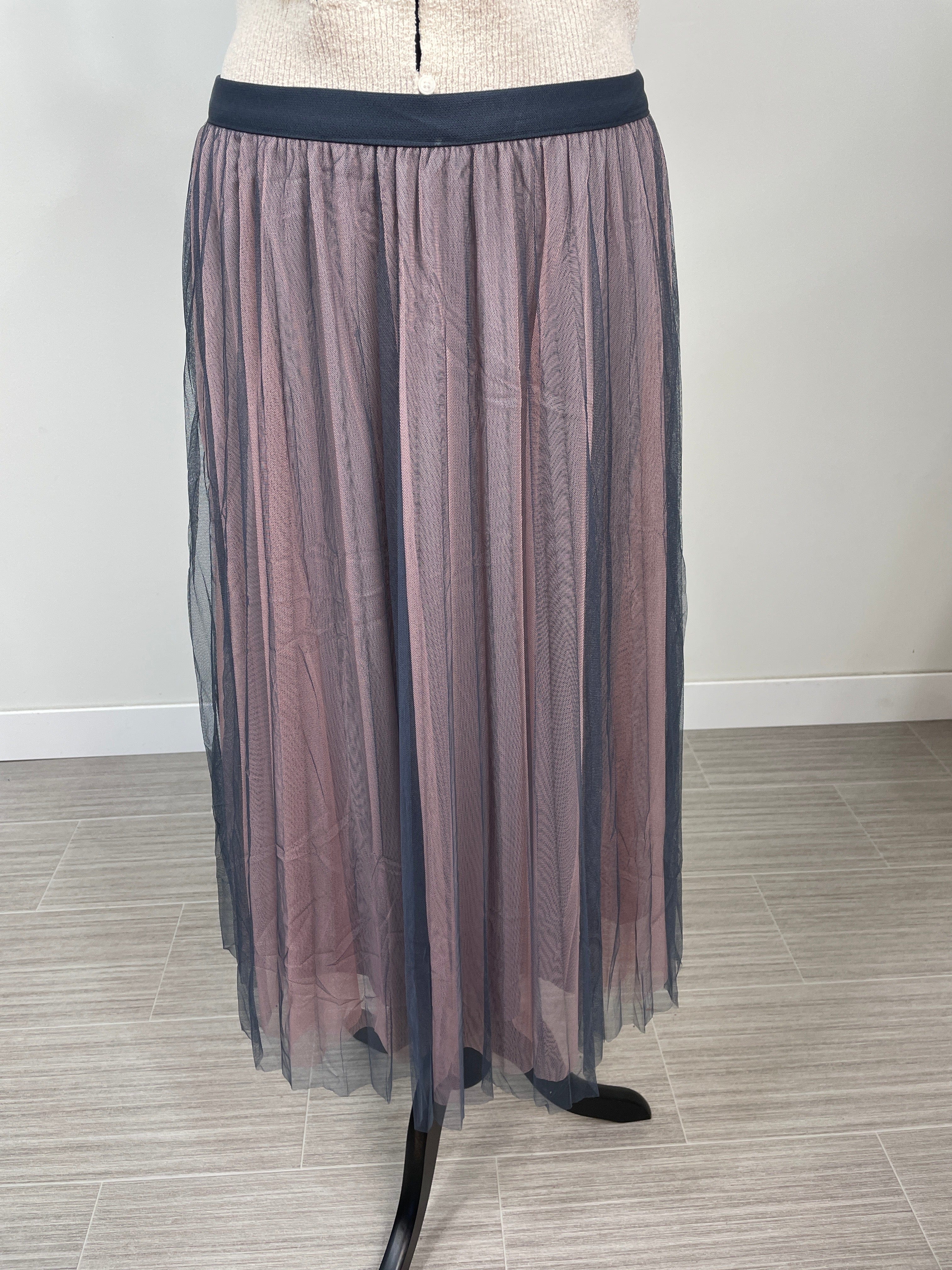 Slate Grey Layered Mesh Pleated Skirt