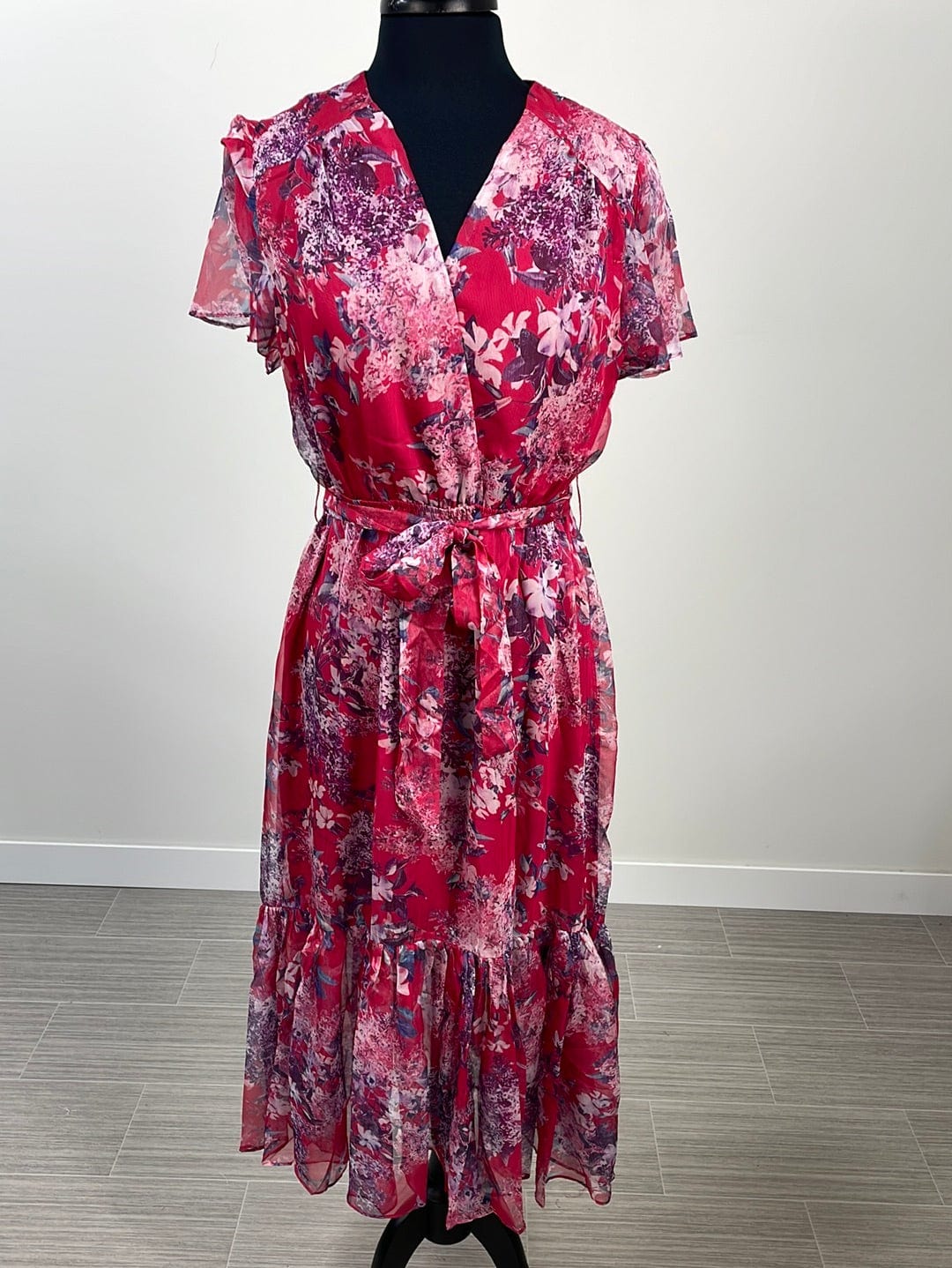 Pink Floral Short Sleeve Ruffle Dress