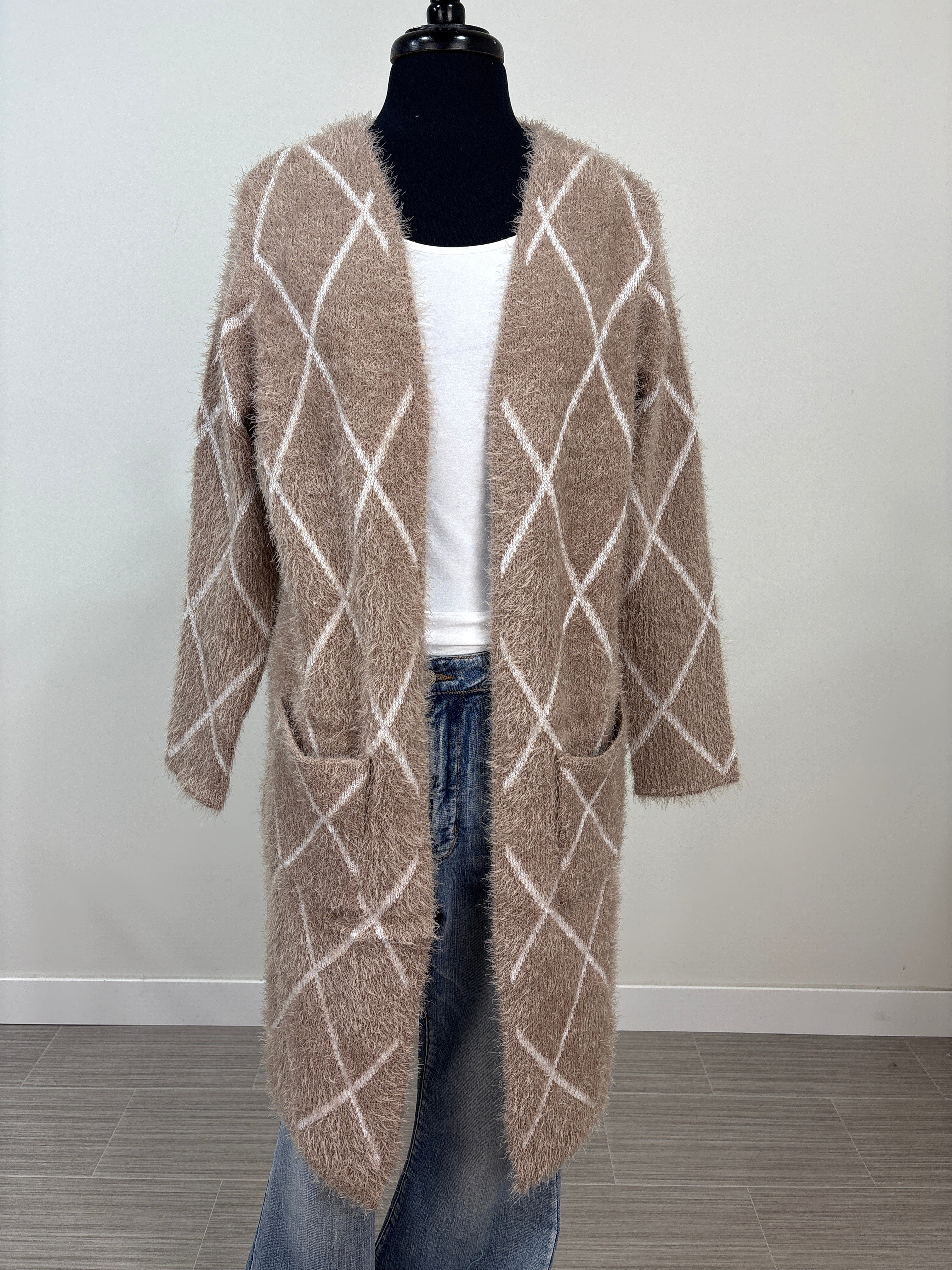 Taupe Diamond Print Open Front Long Cardigan