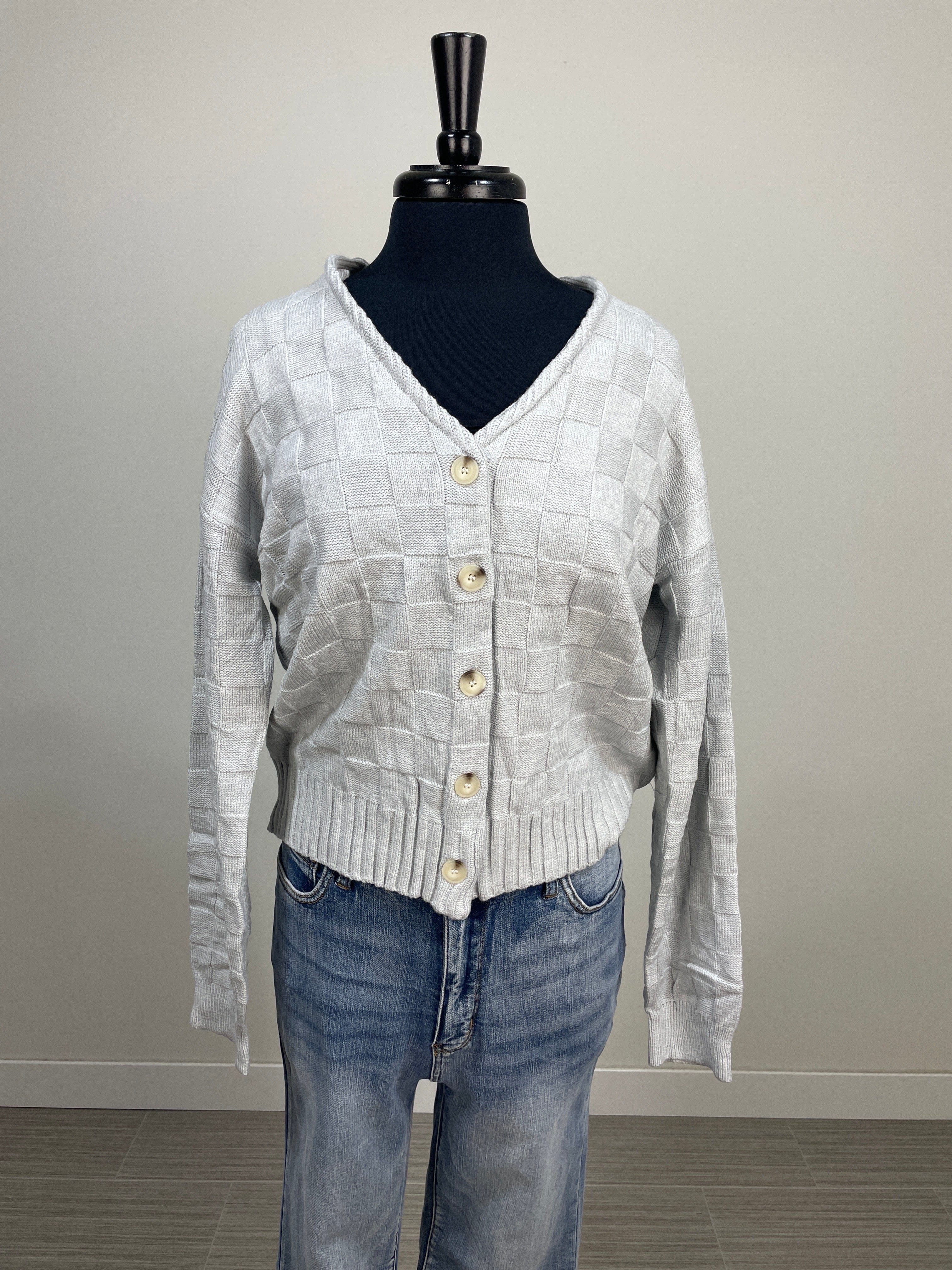 Silver Checker Board Button Cardigan