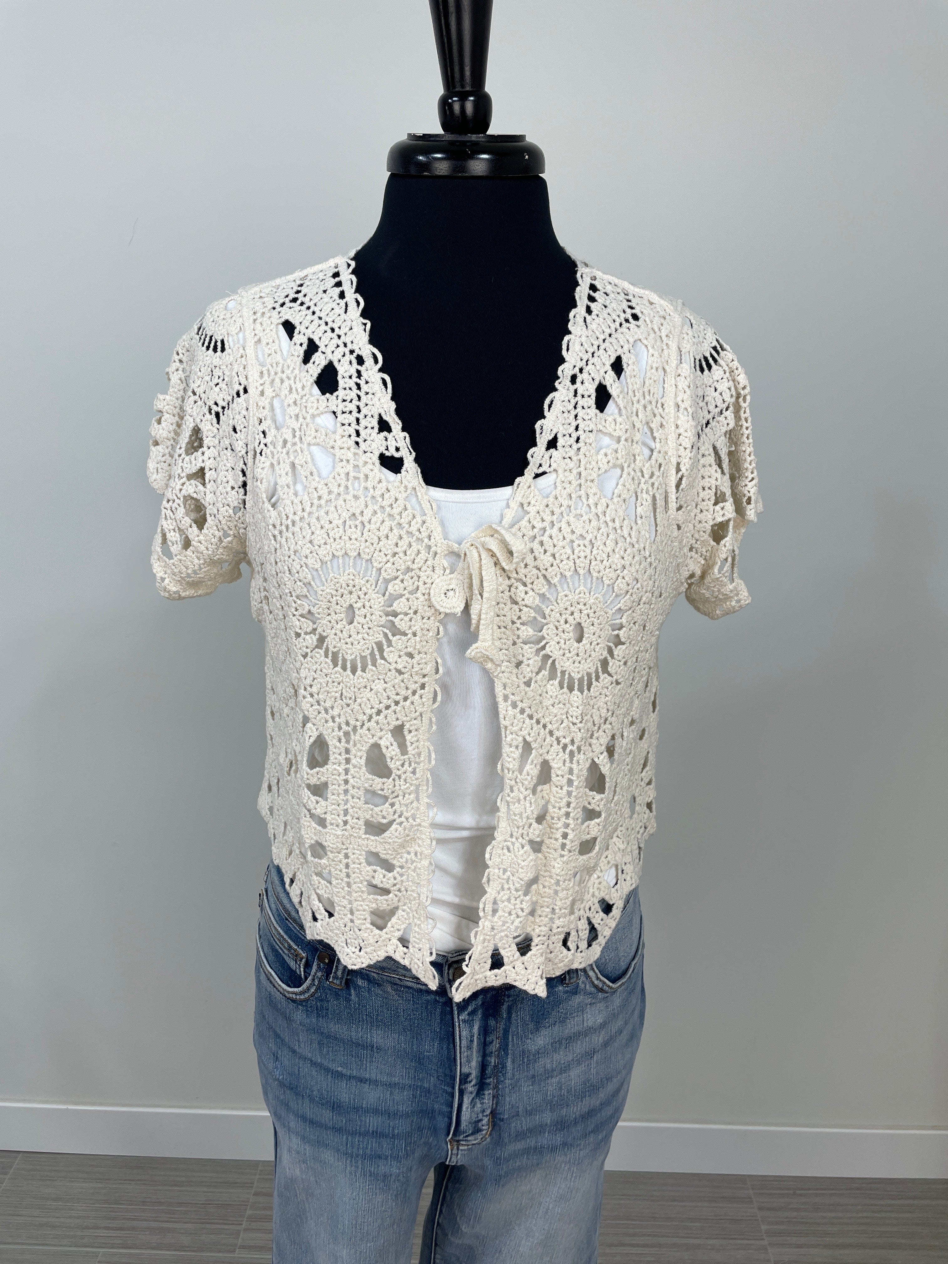 Cream Crochet Tie Front Cardigan