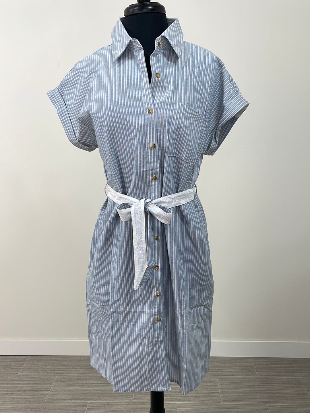 Blue Pin Stripe Belted Shirt Dress