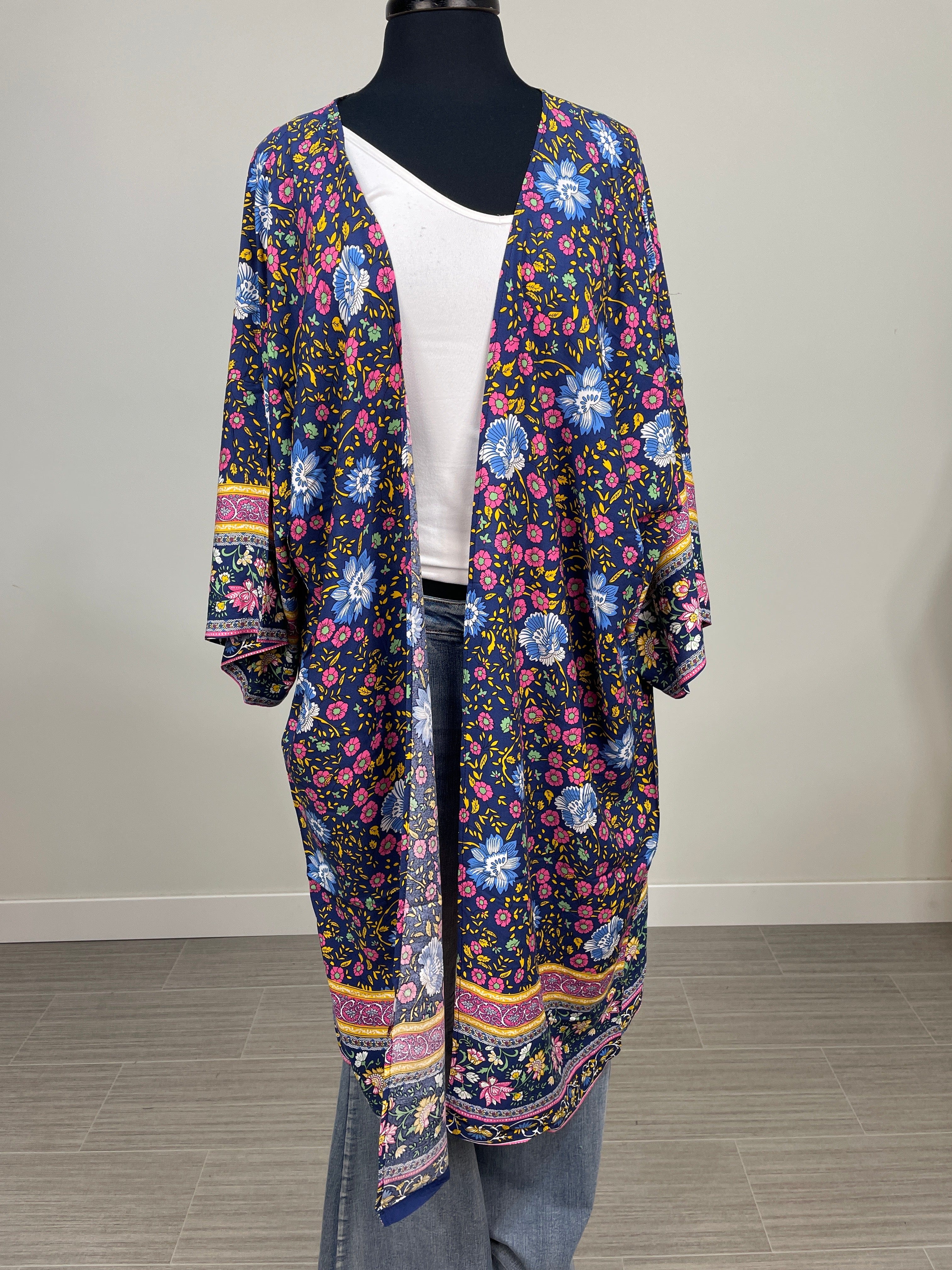 Navy Pink Floral Kimono