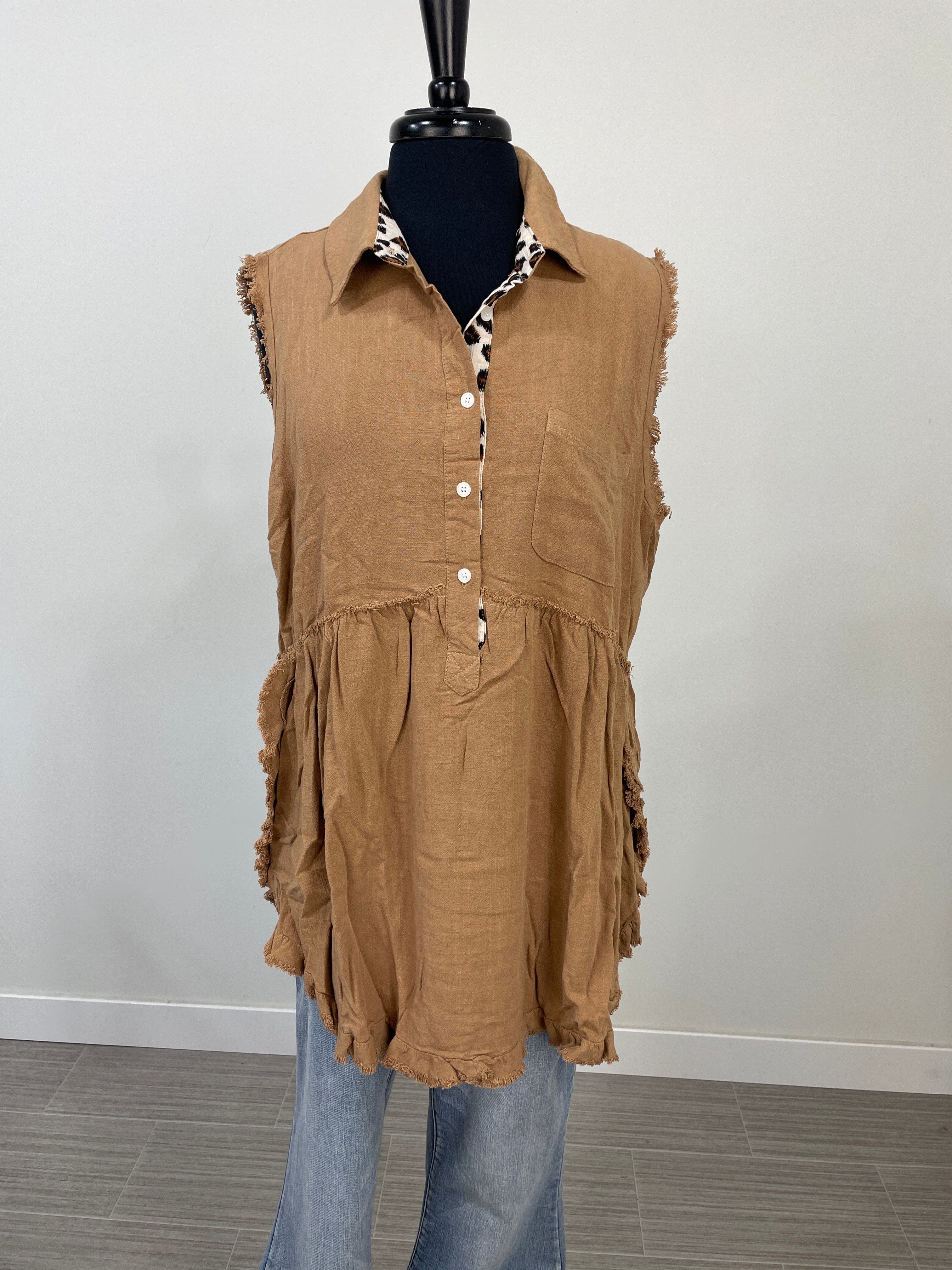 Toffee Animal Print Linen Blend Sleeveless Tunic