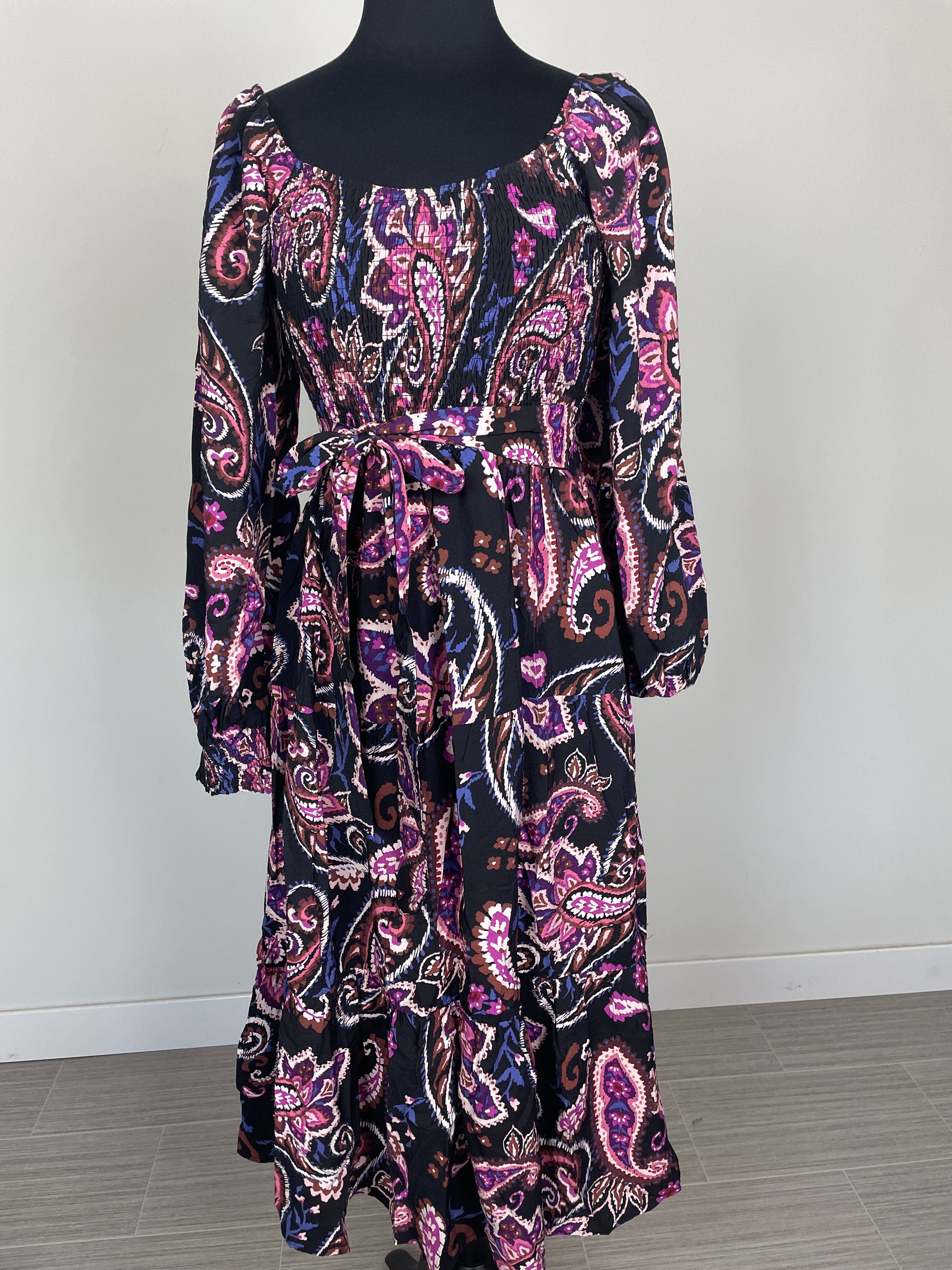 Black Paisley Smocked Midi Dress