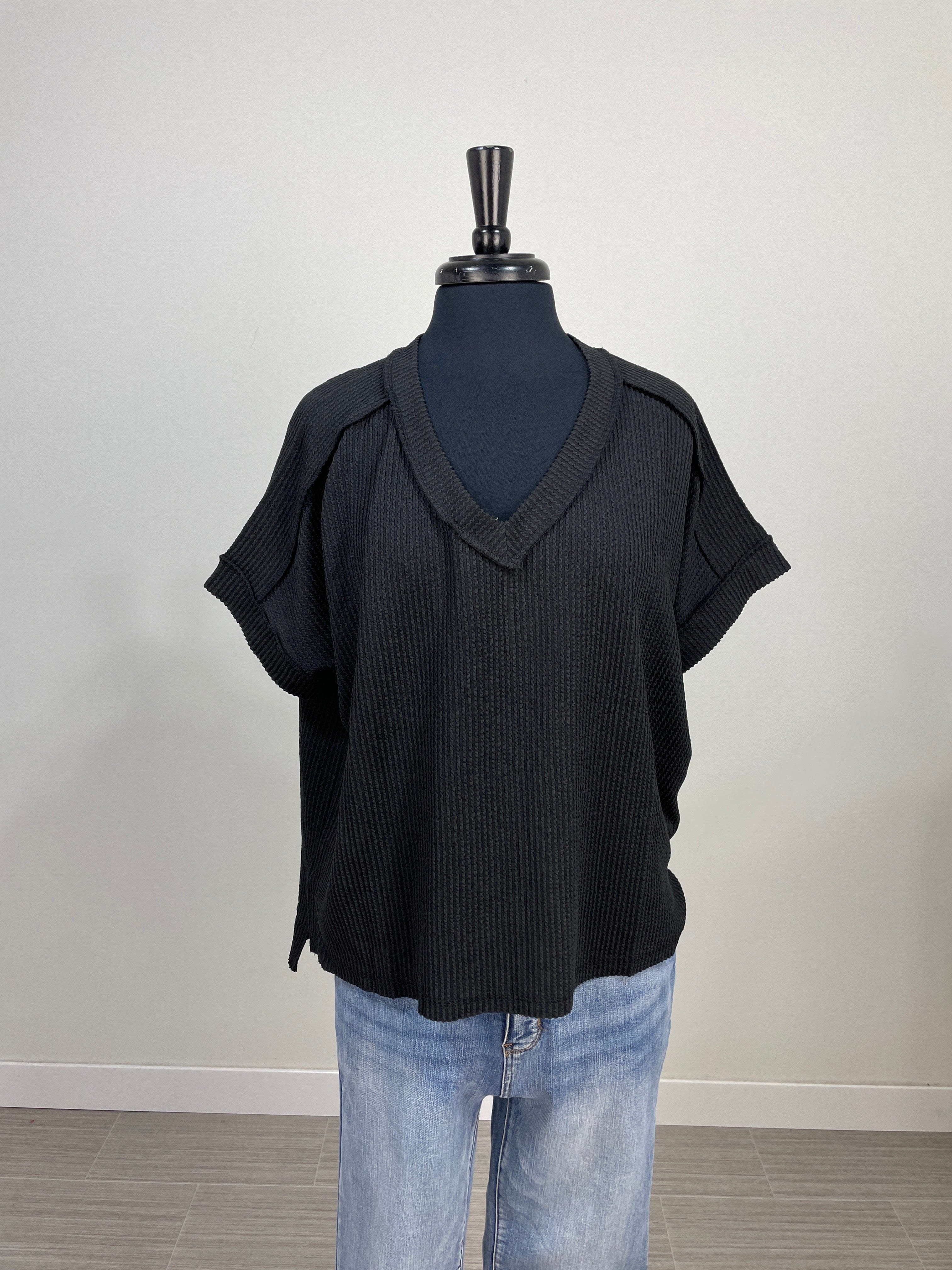 Black Corded Rib Vneck Top