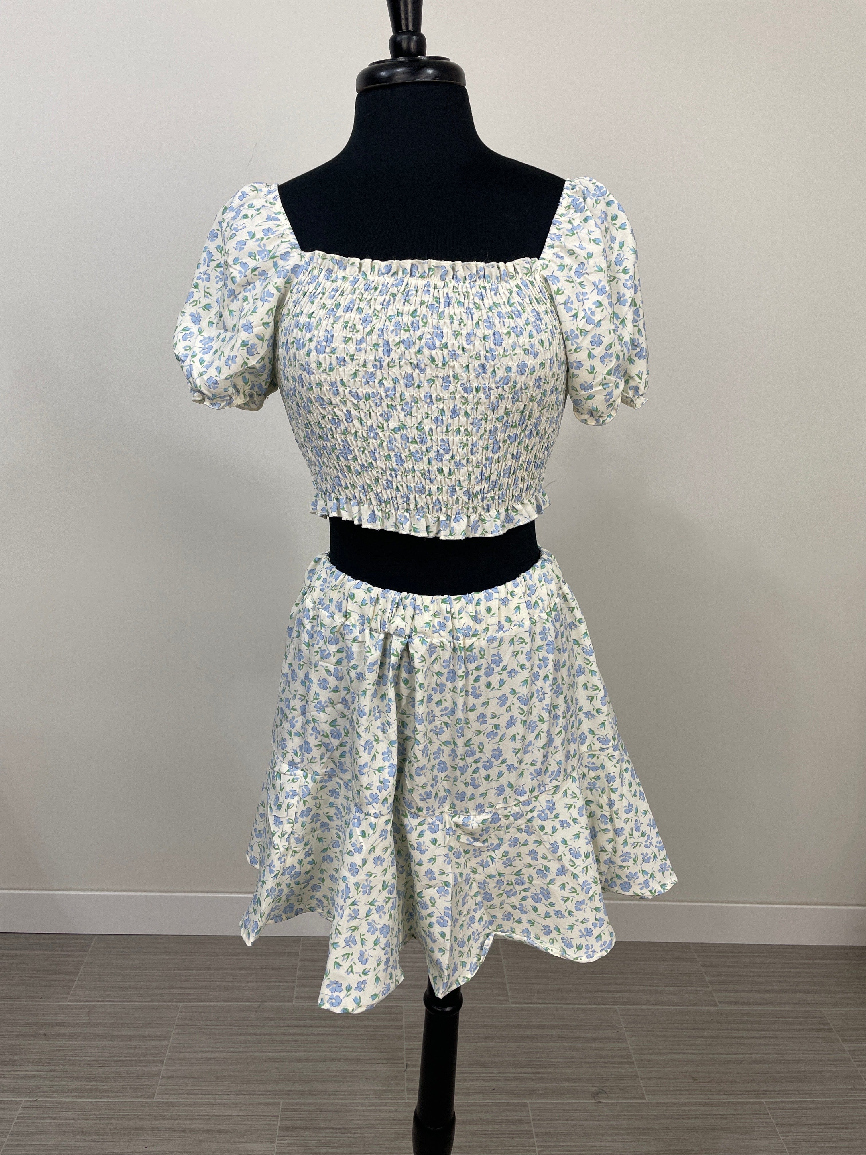 Cream & Light Blue Floral 2pc Skirt & Crop Top Set
