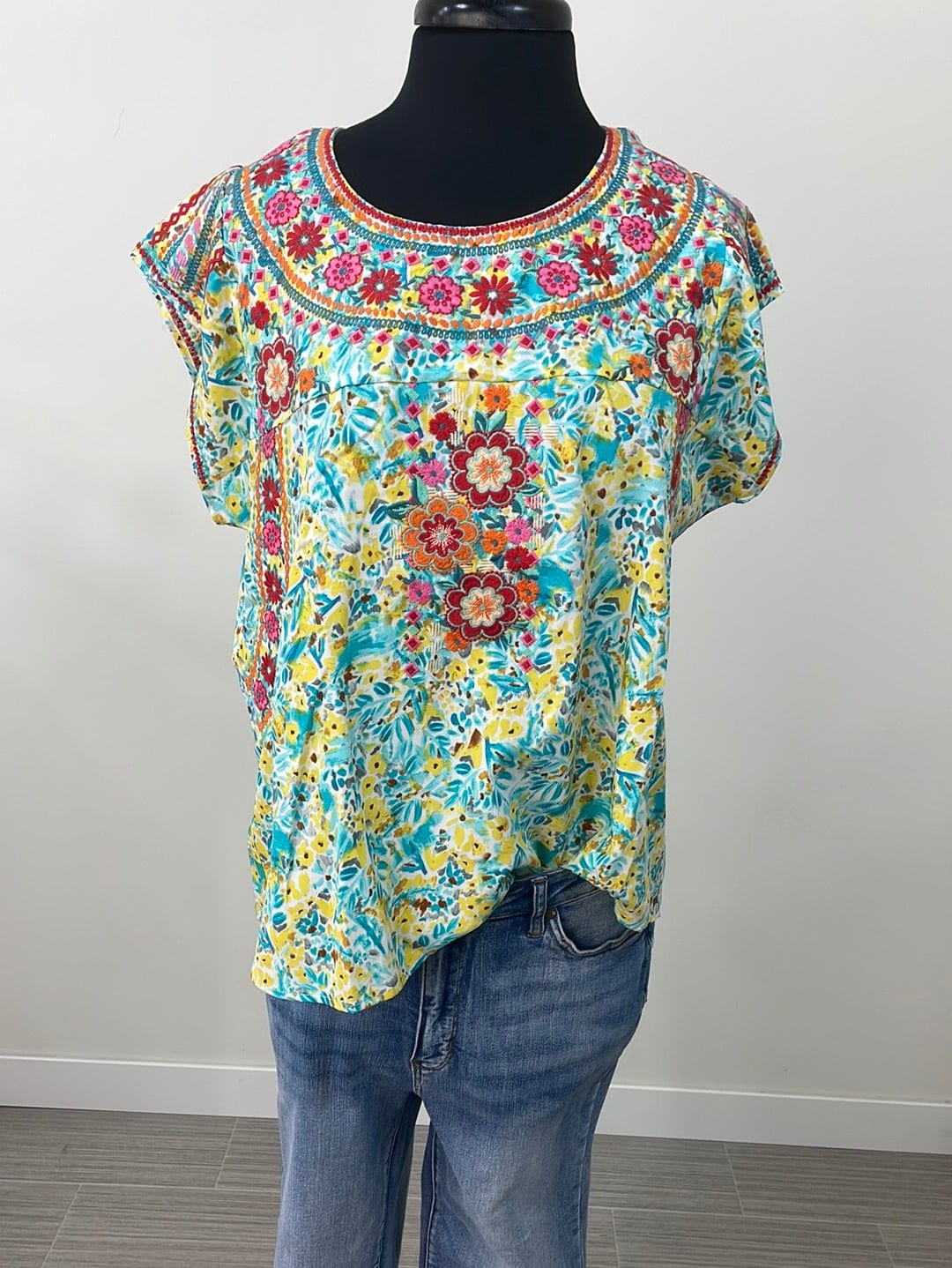 Teal Floral Top With Red Embroidery