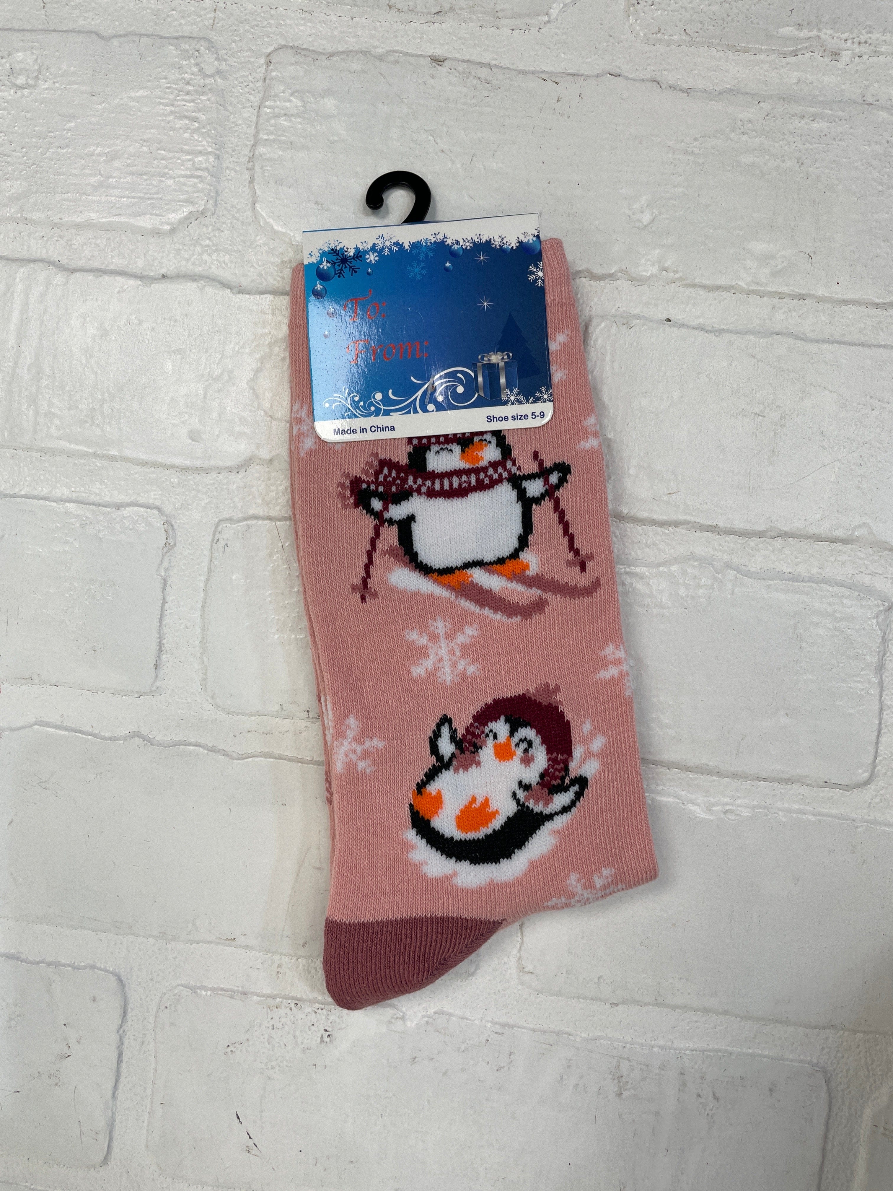 Penguin Skiing Pink Socks