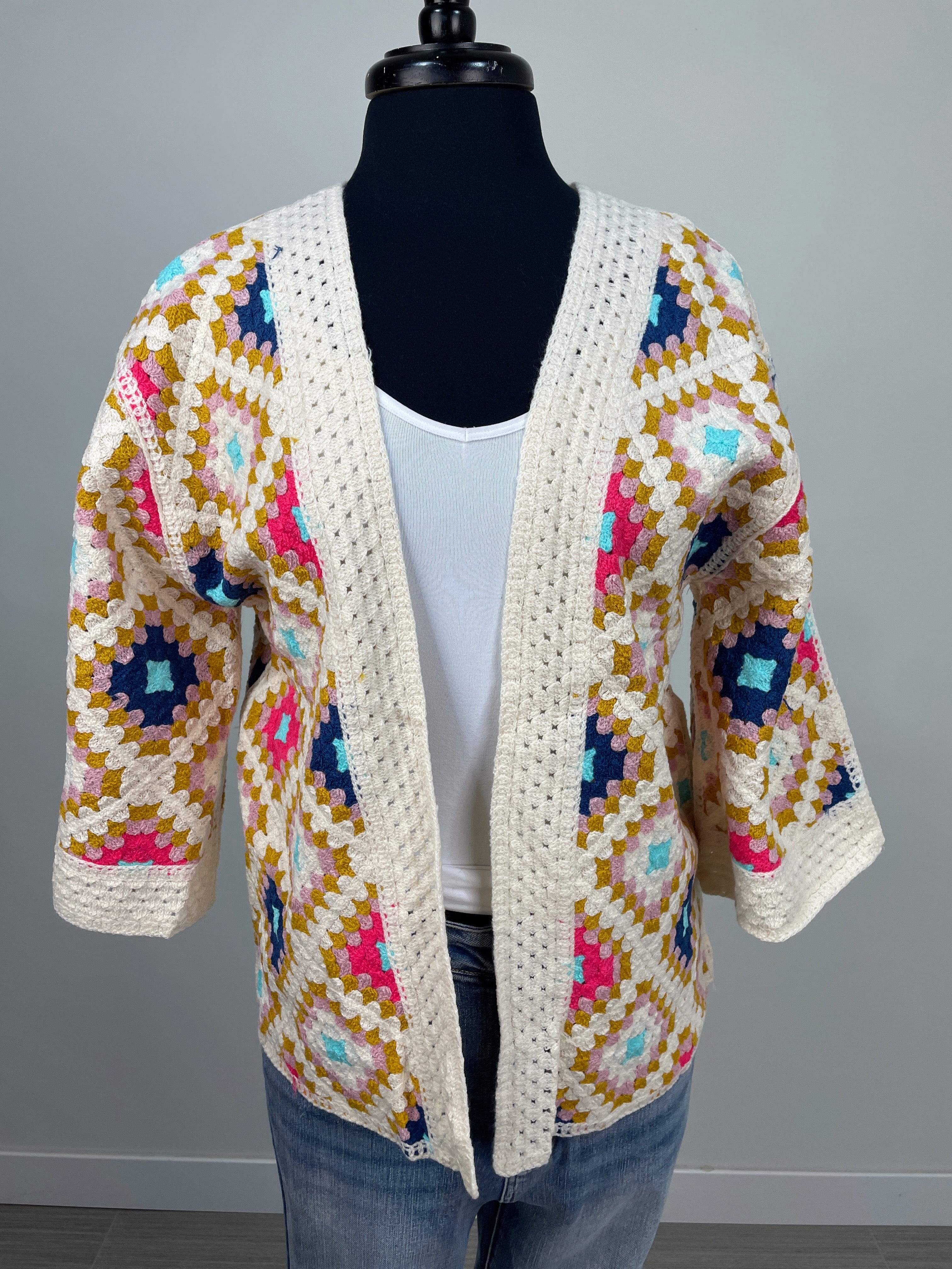 Navy & Pink Crochet Short Kimono