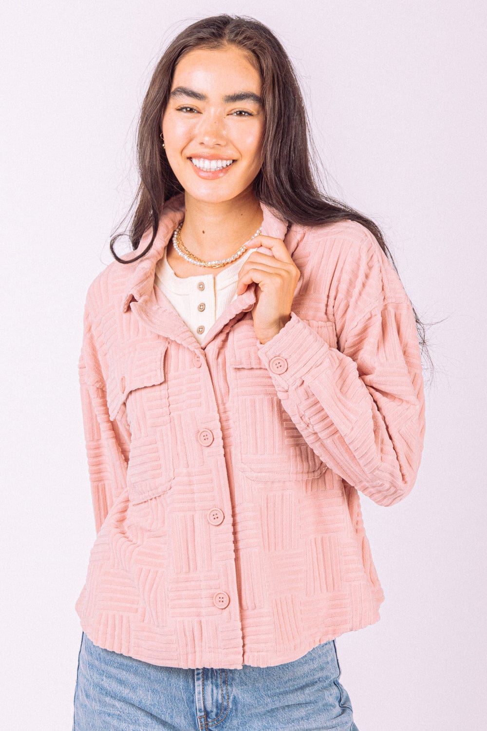 Blush Embossed Texture Button Down Top