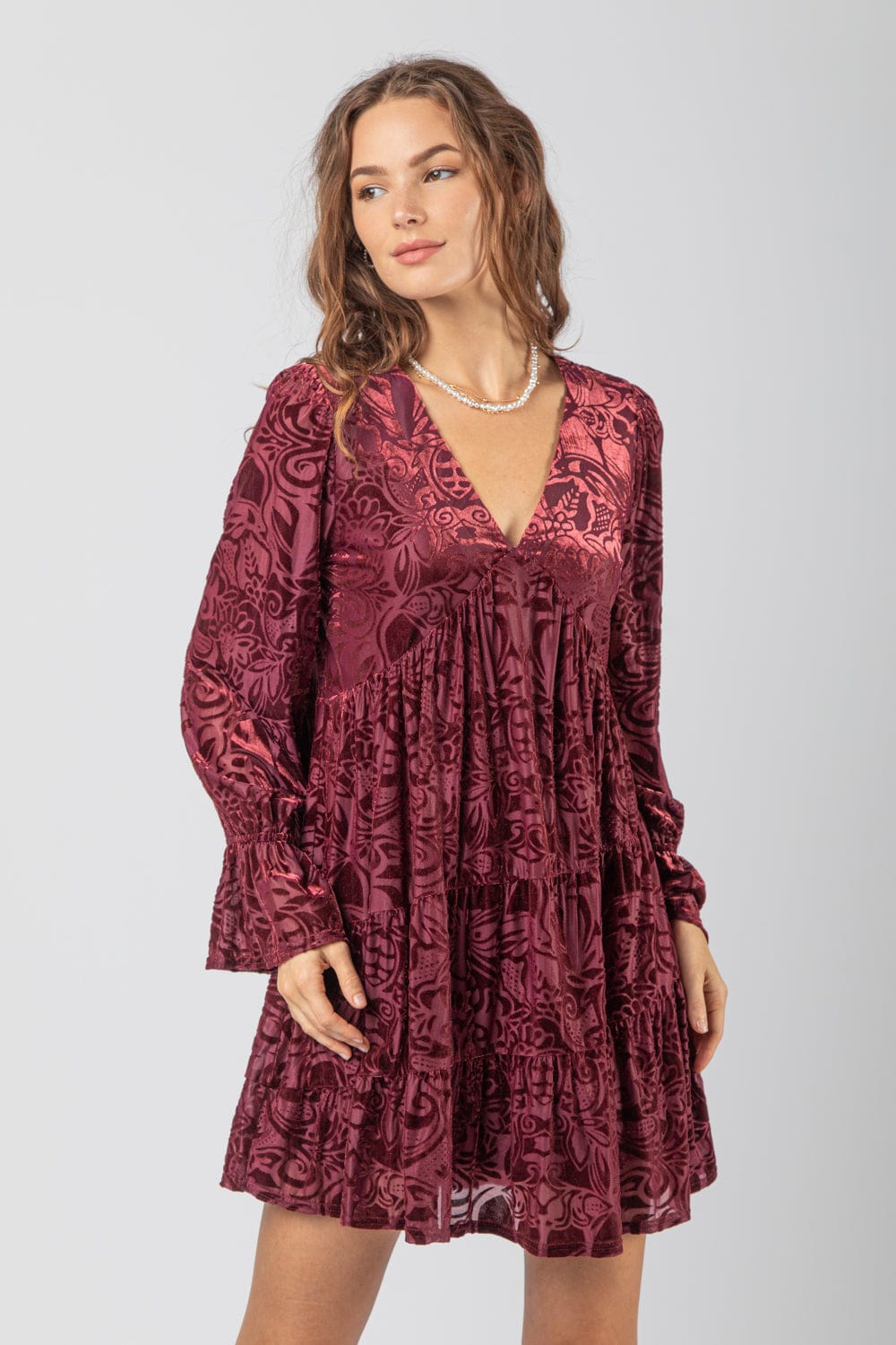 Wine Jacquard Velvet Dress