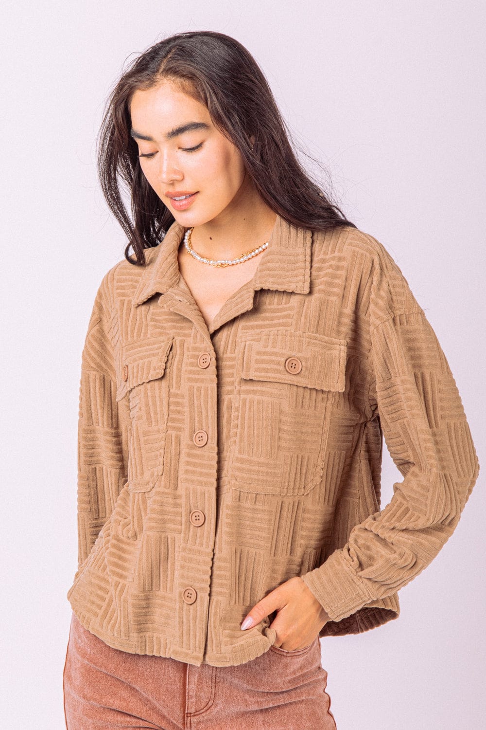 Mocha Embossed Texture Button Down Top
