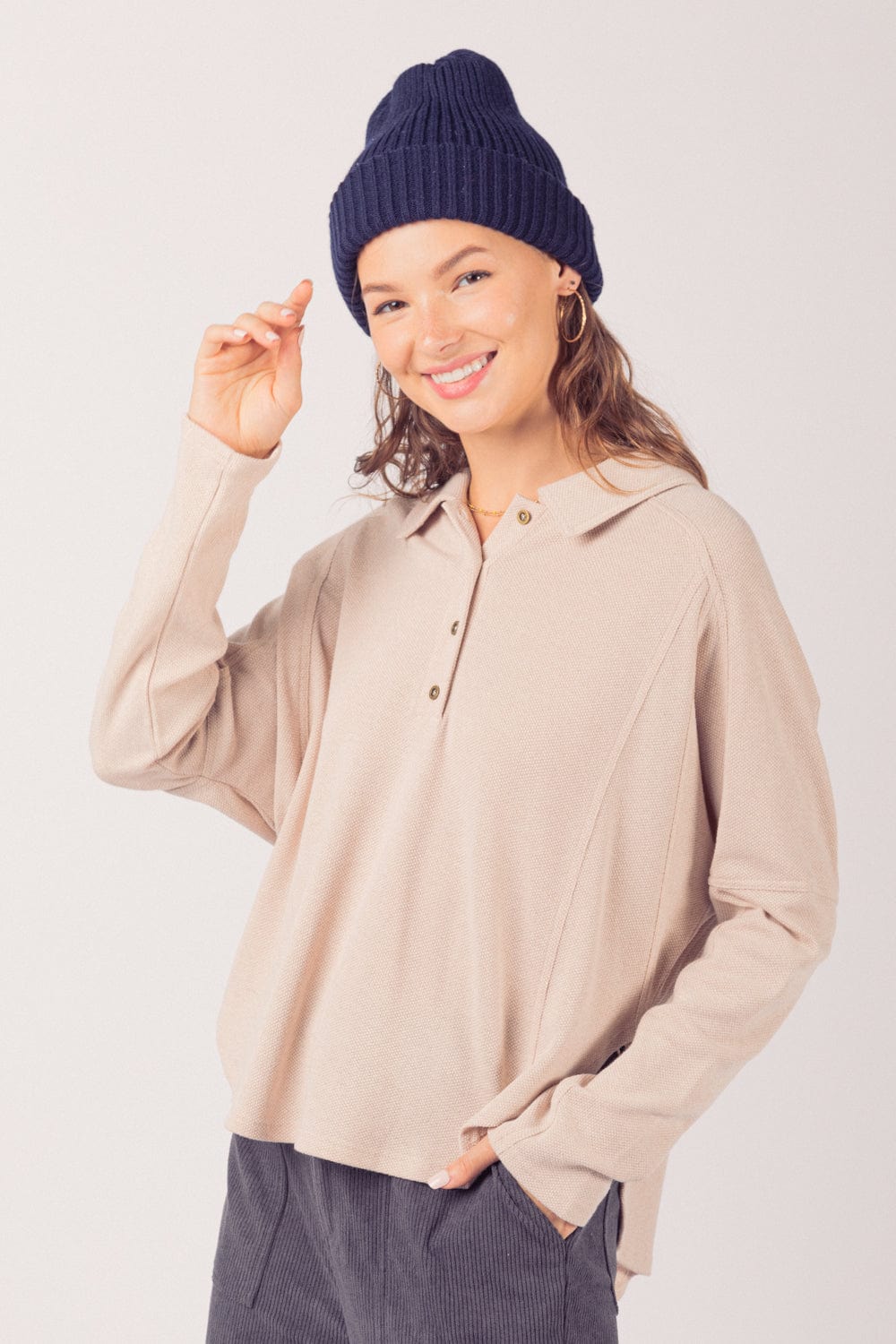 Cream Collared Henley Knit Top