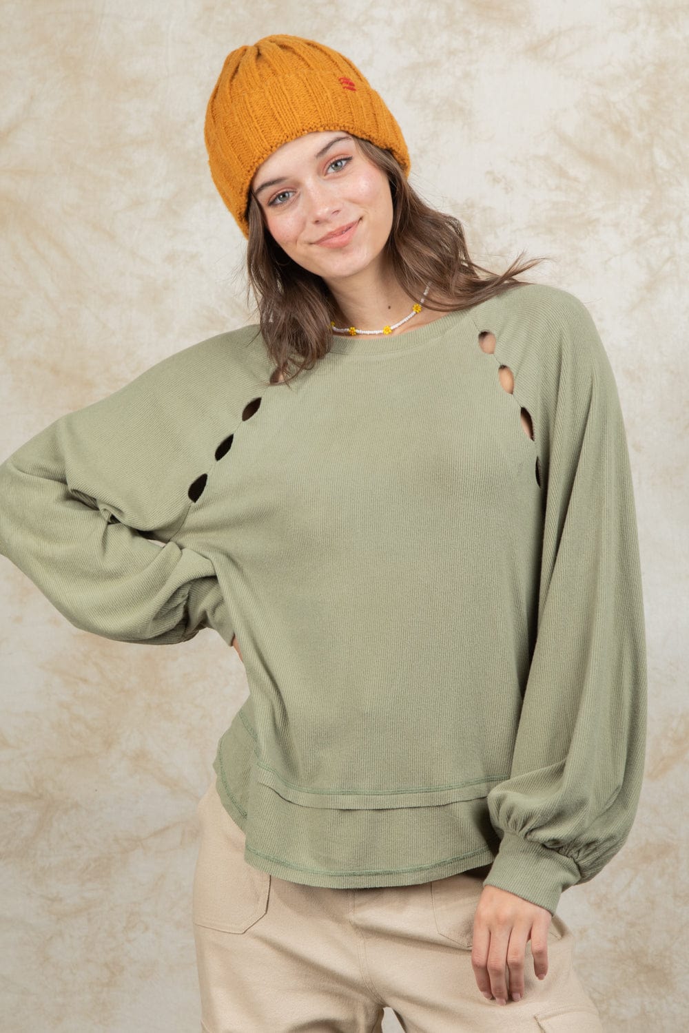 Sage Ribbed Cutout Top