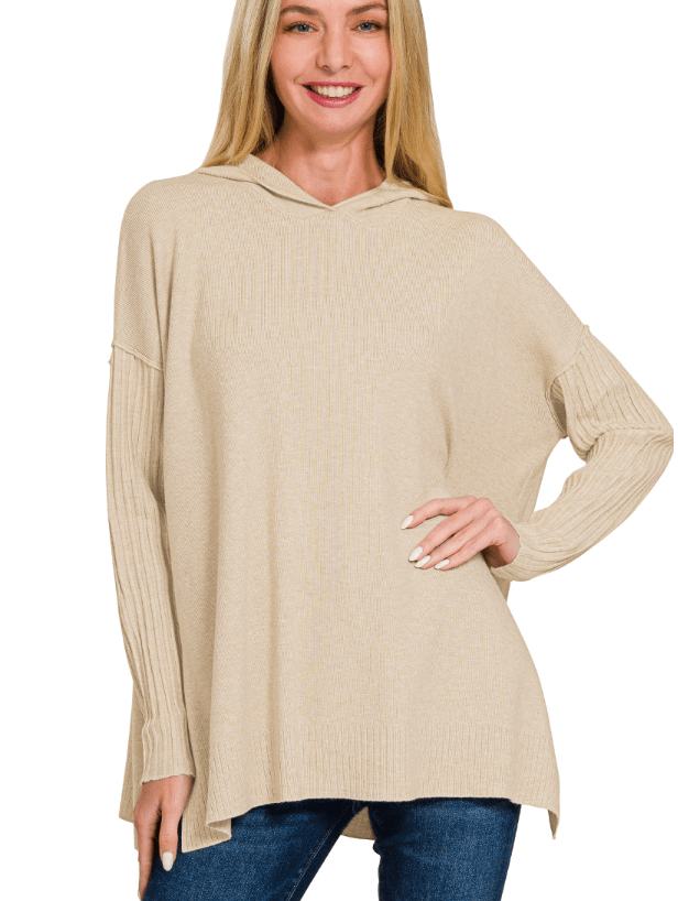 Heather Beige Hooded Ribbed Sleeve Sweater