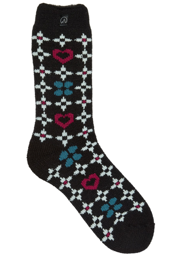 PE Women's Black & Burgundy Heart Fair Isle Thermal Sock