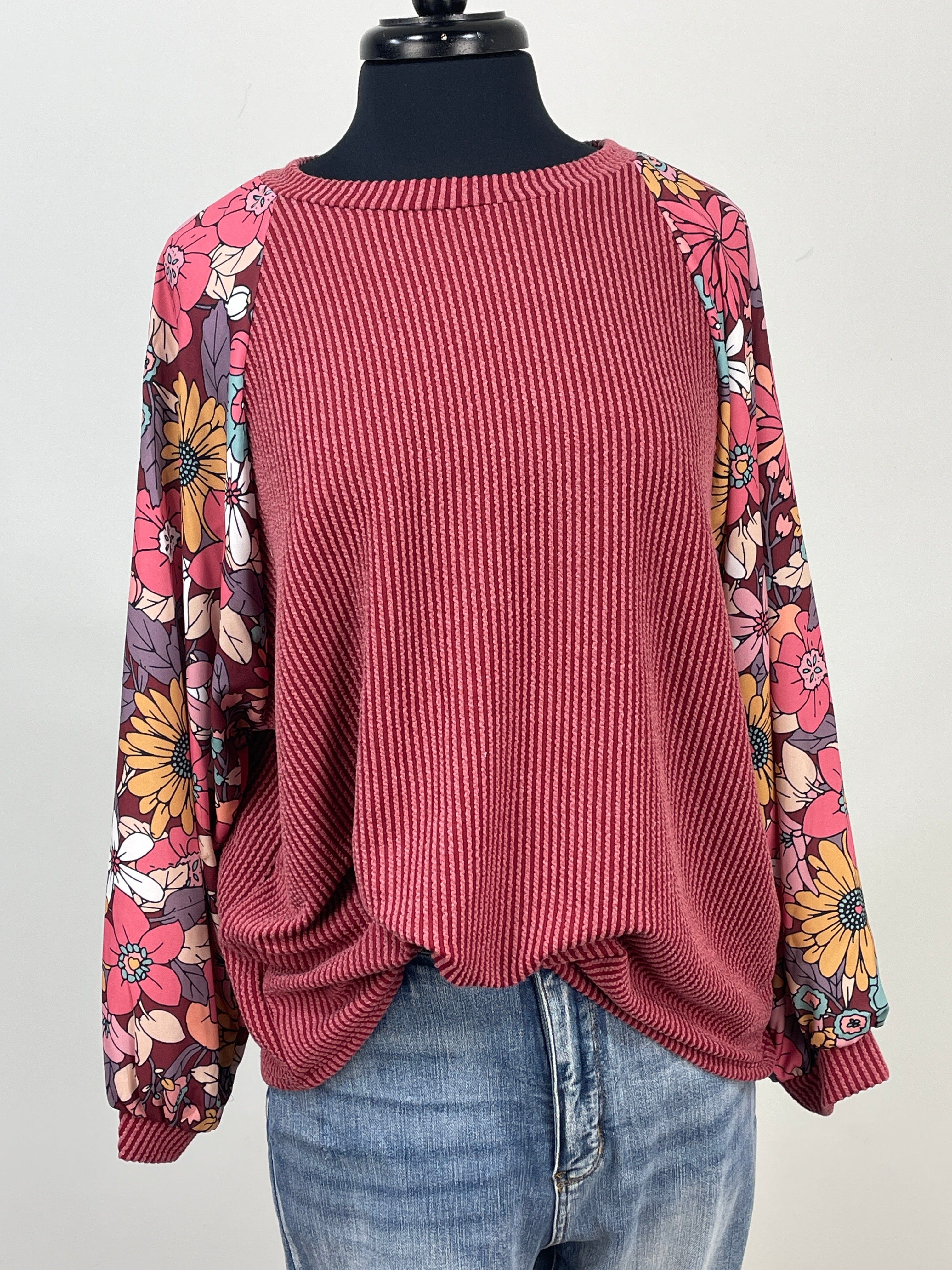 Burgundy Ribbed Dalia Floral Sleeve Top