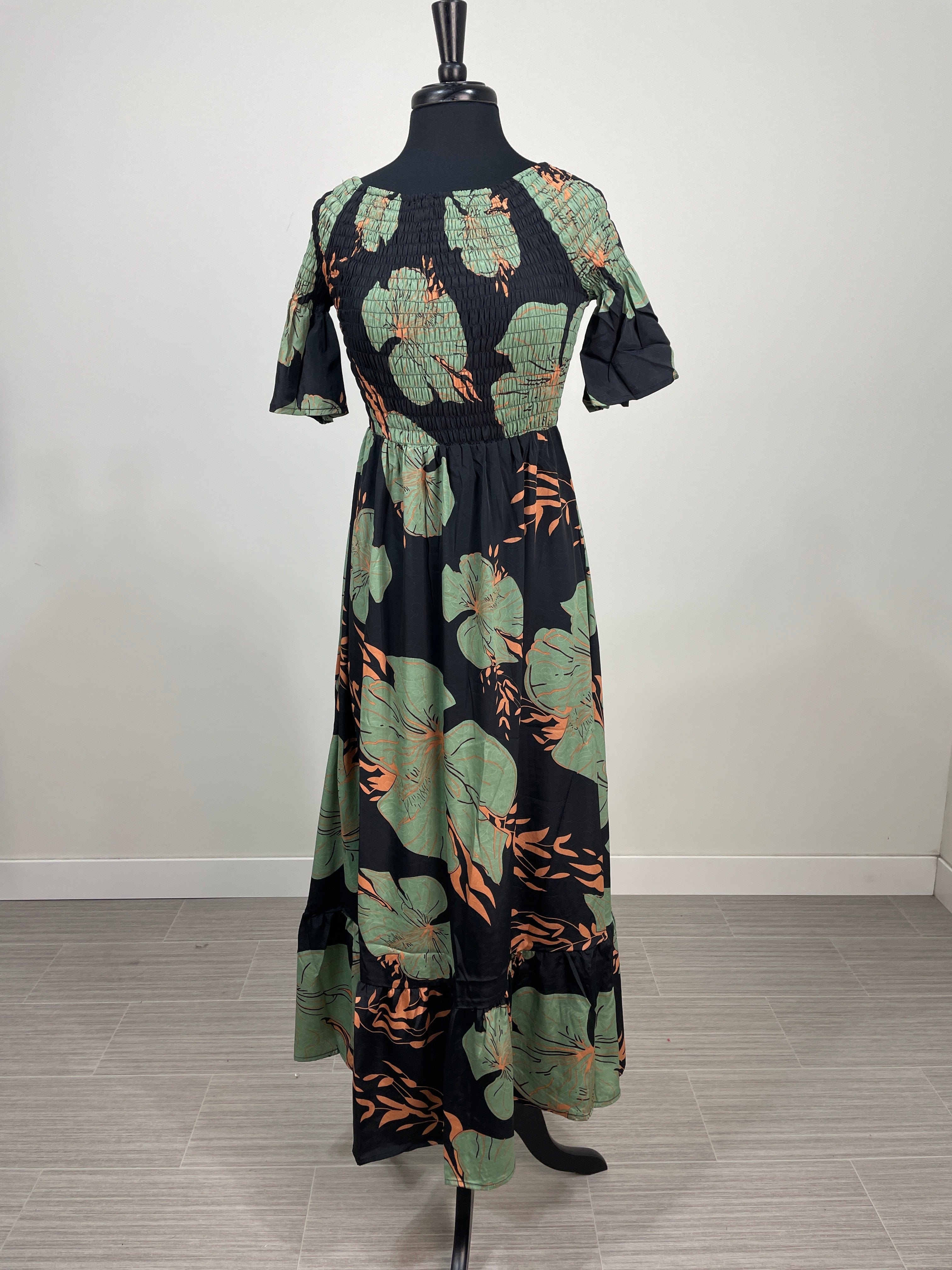 Black Tropical Smocked Top Maxi Dress