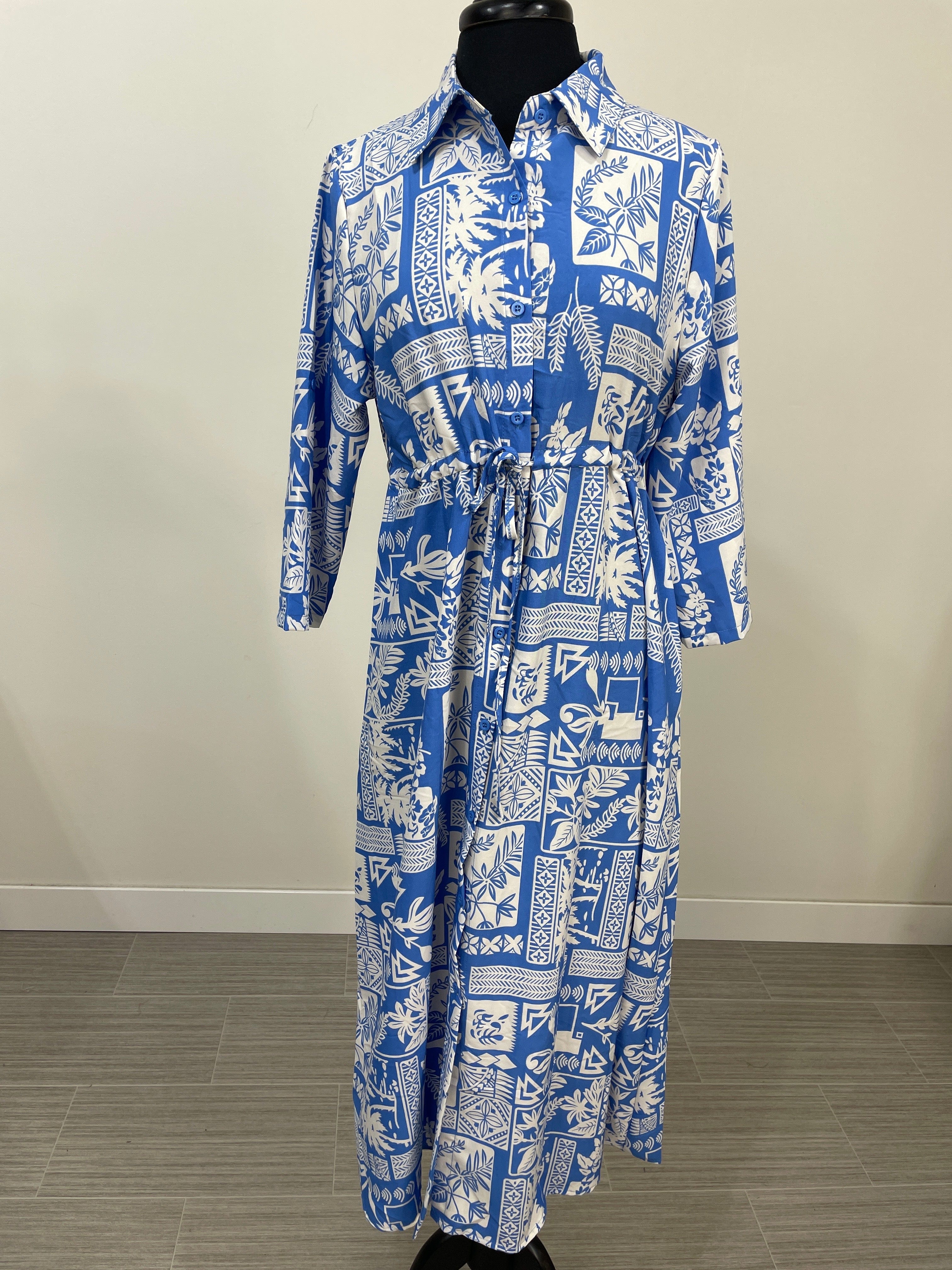 Blue Tropical Geo Print Maxi Dress