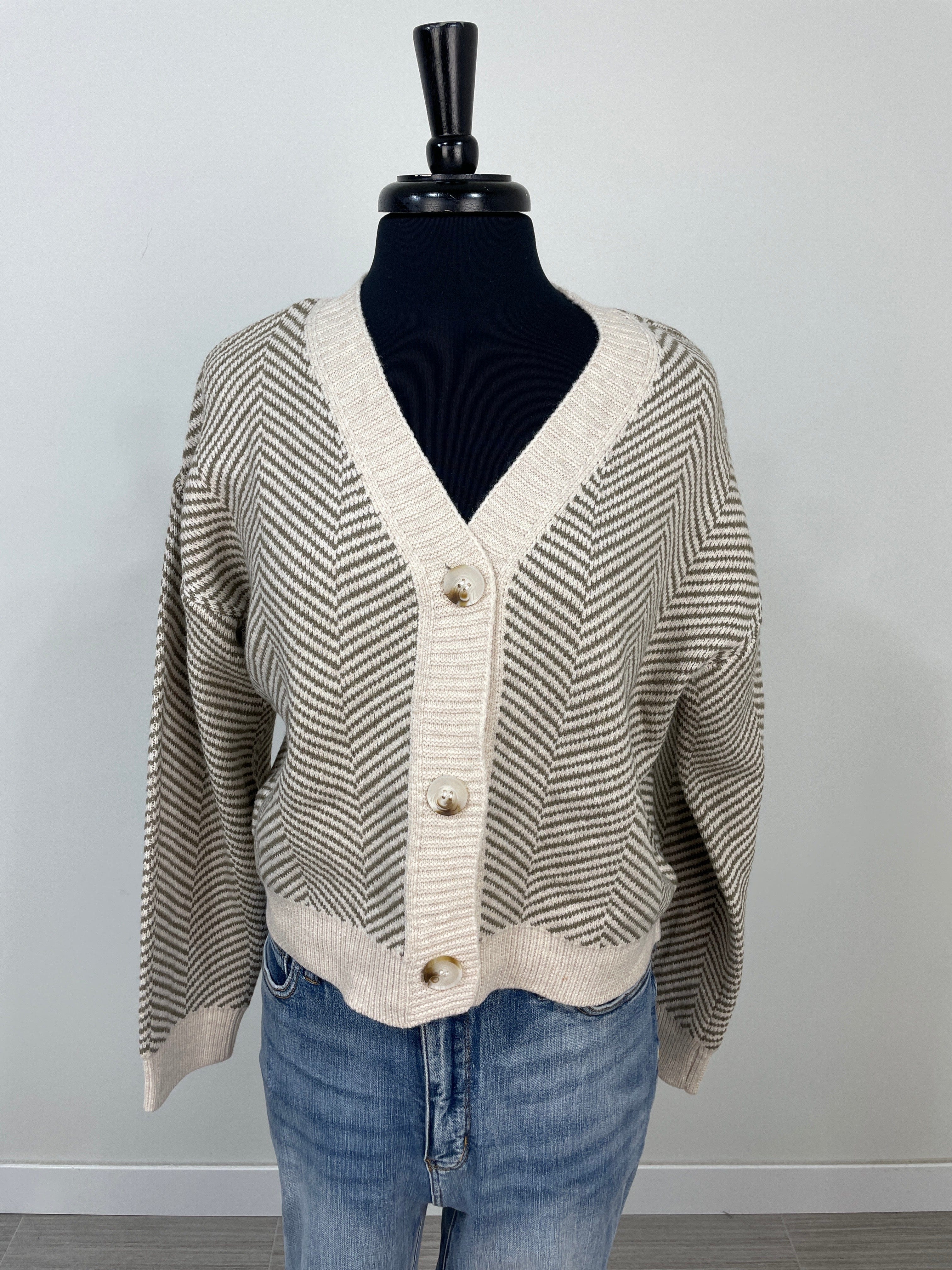 Dusty Olive Chevron Pattern Crop Cardigan