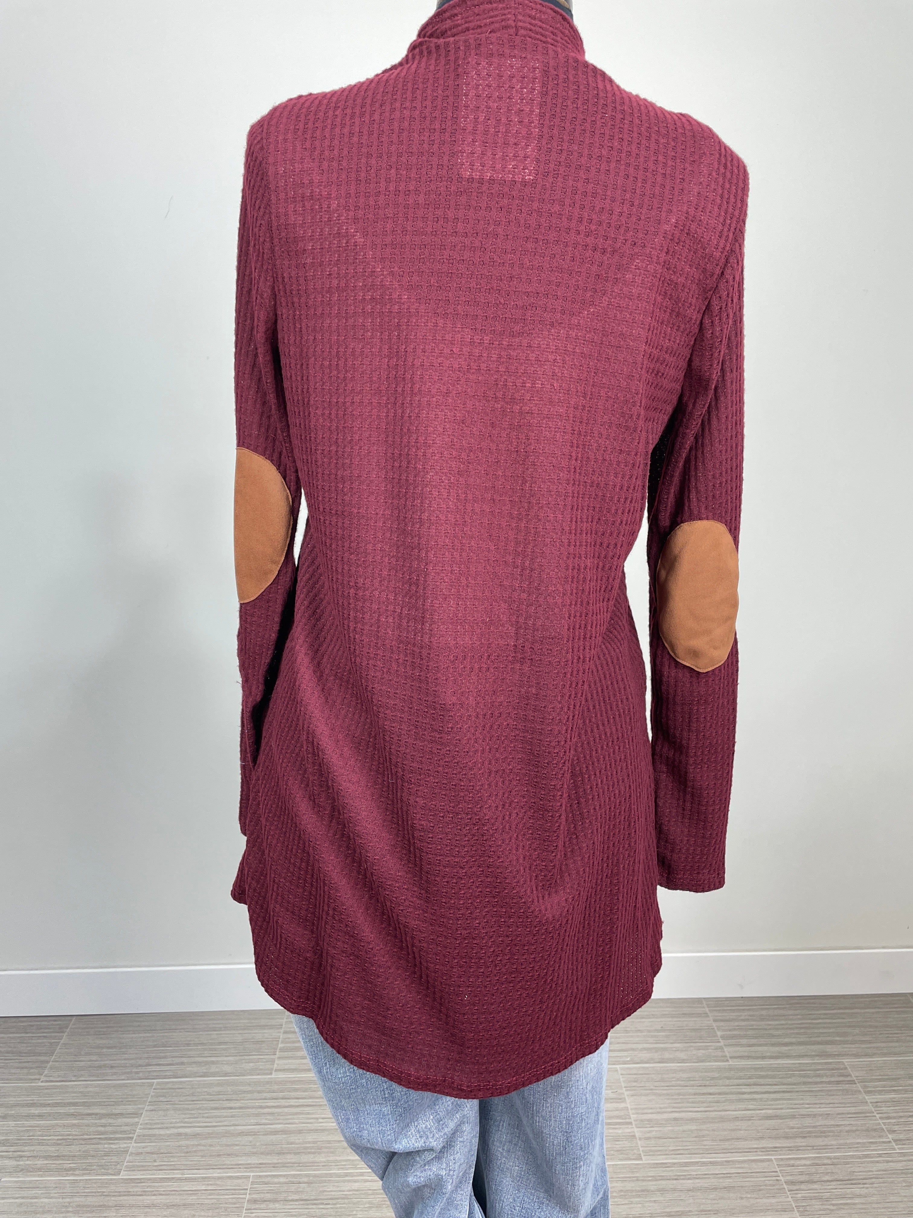 Burgundy Elbow Patch Waffle Cardigan