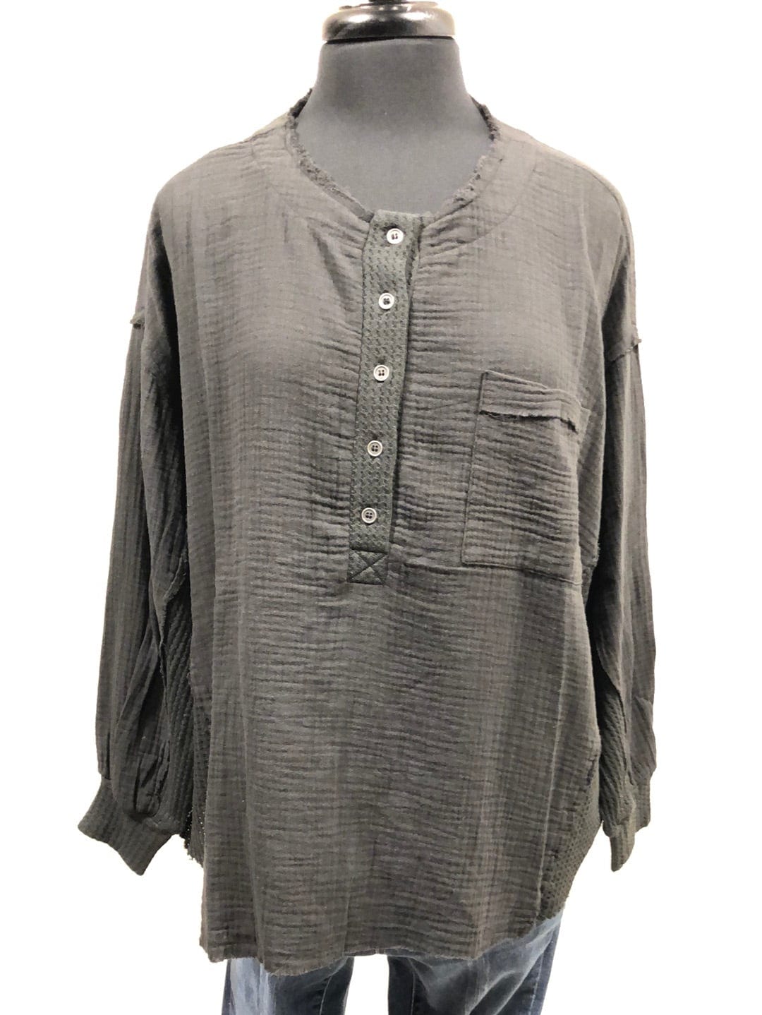 Black Gauze Oversized Button Henley Top