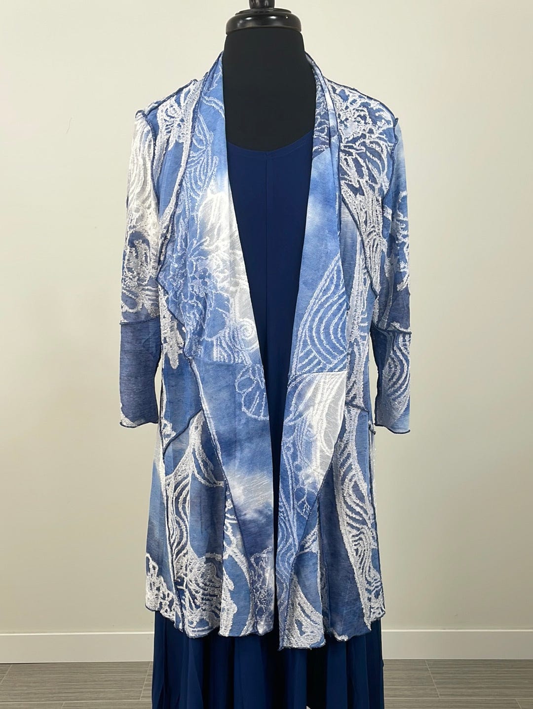 Washed Blue & White Embroidered Cardigan