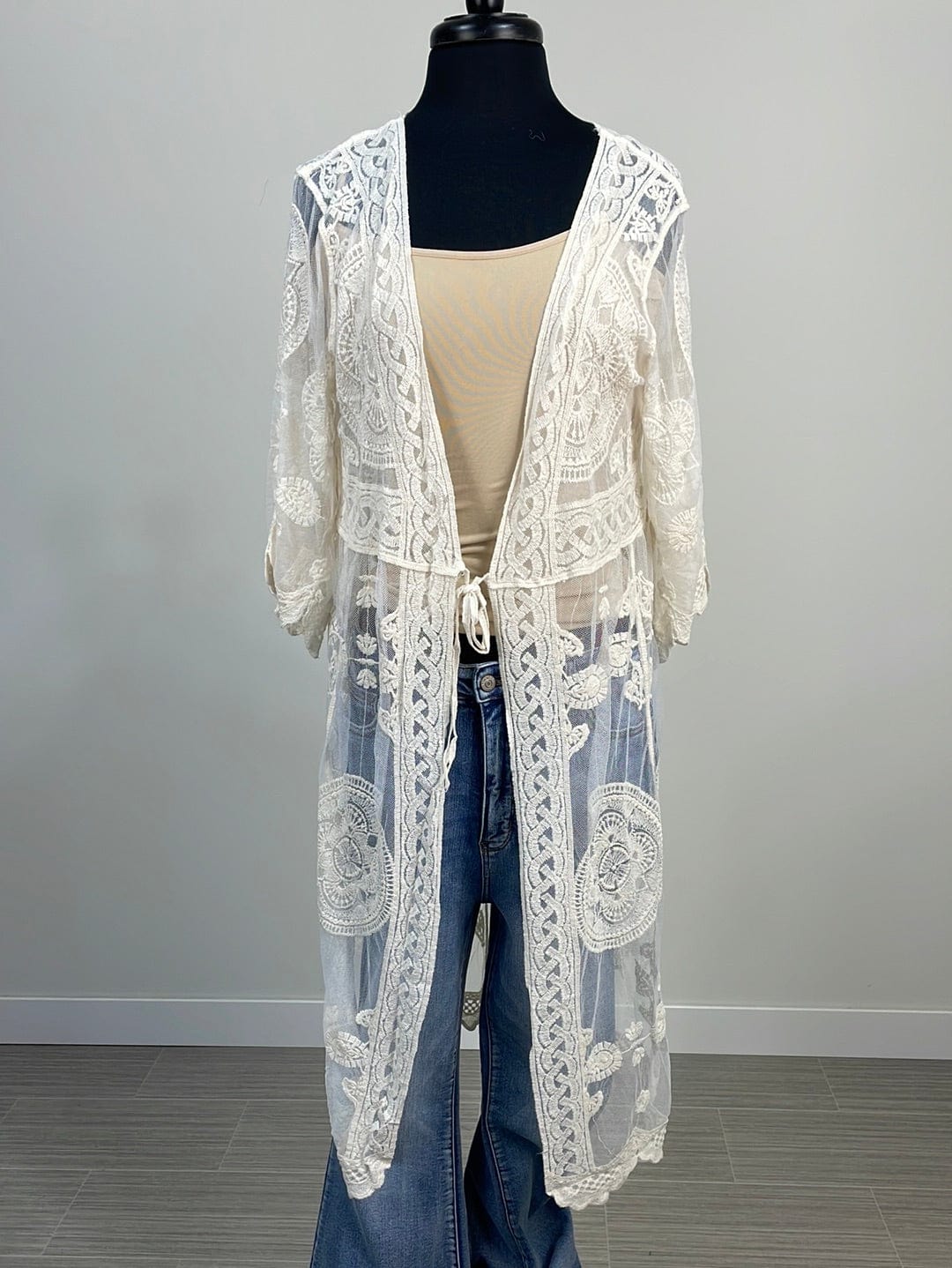 Ivory Lace Front Tie Kimono
