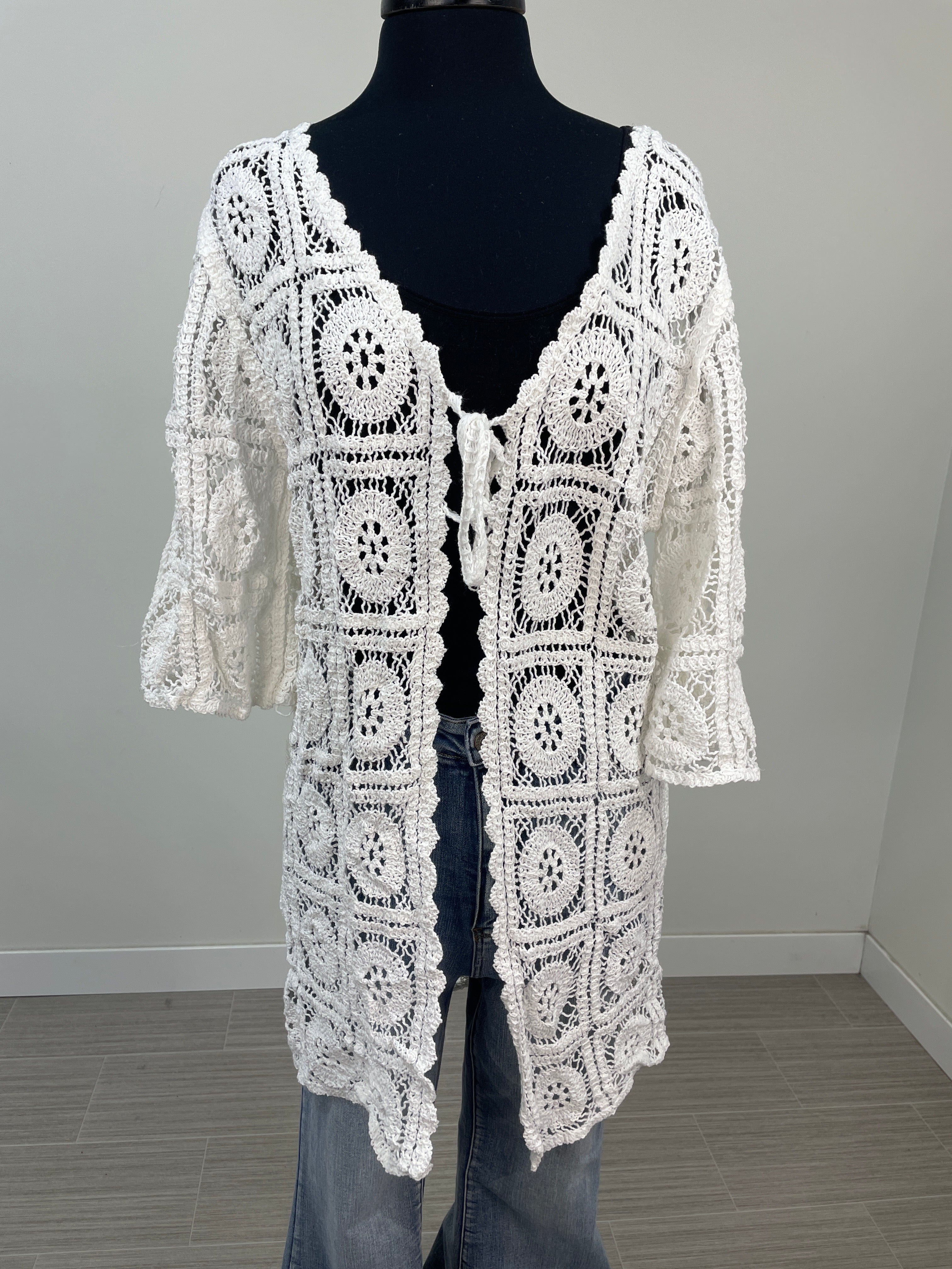 White Crochet Tie Front Cardigan