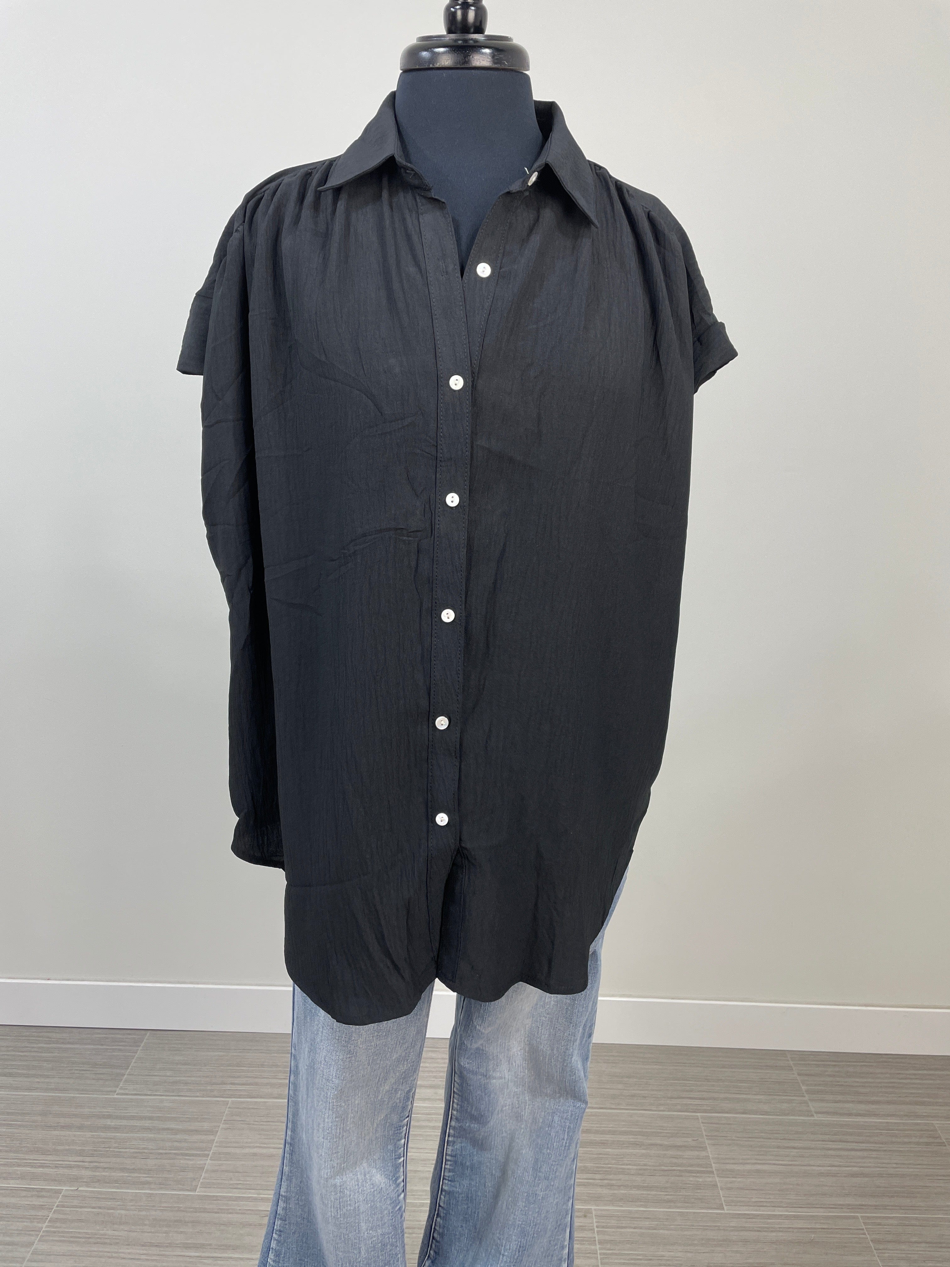 Black Cuffed Sleeve Button Top