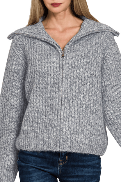 Heather Grey High Neck Zip Sweater Detailed