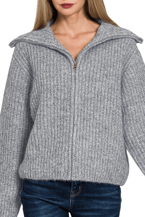 Heather Grey High Neck Zip Sweater Detailed