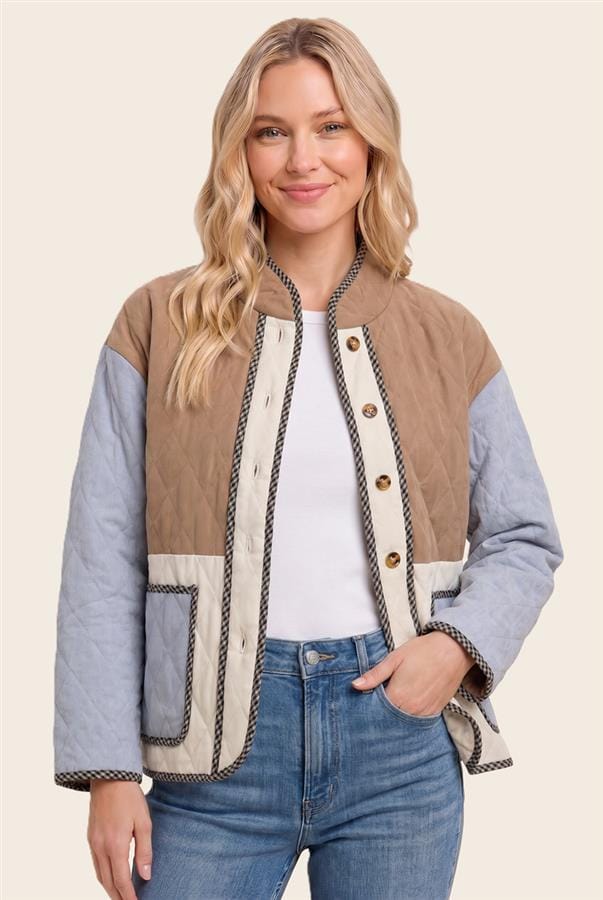 Taupe & Blue Quilted Colorblock Jacket