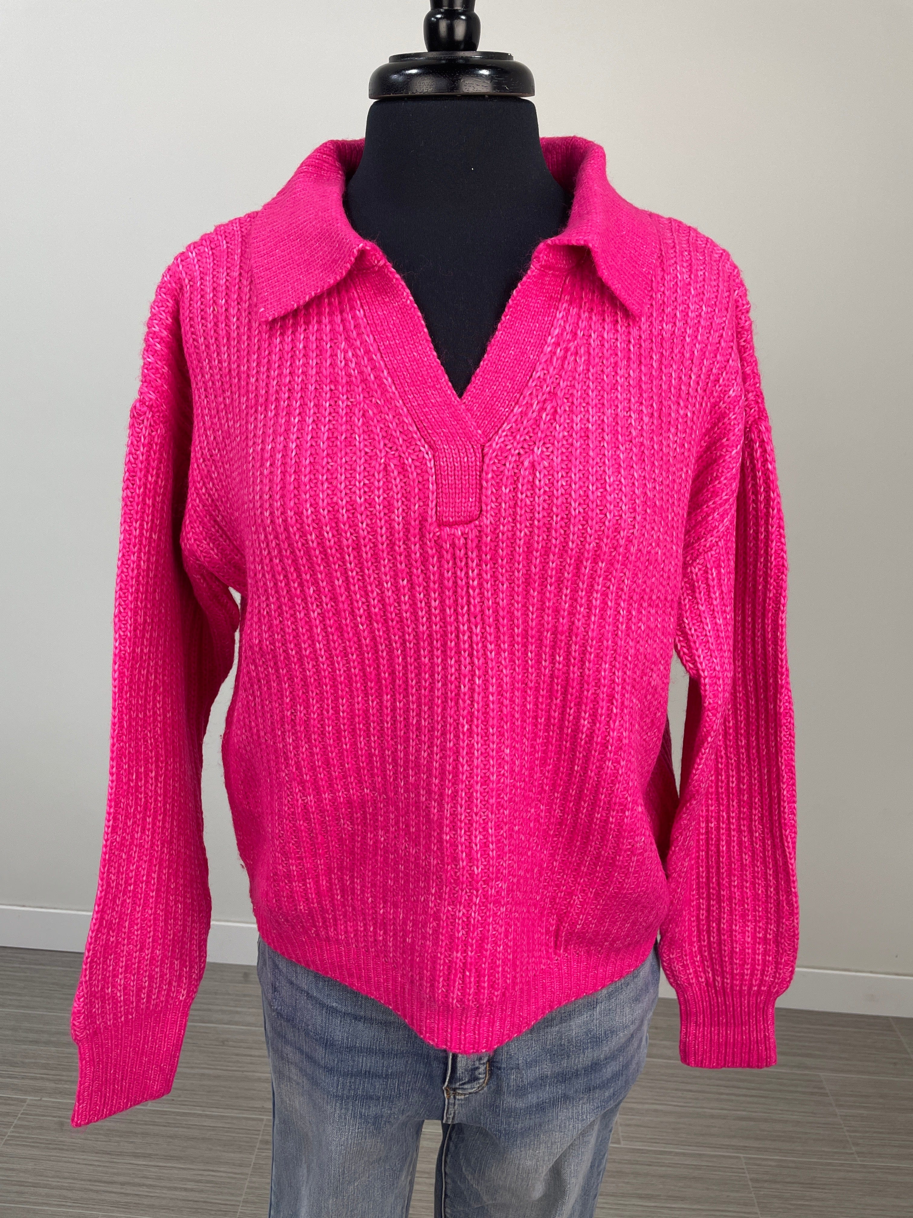 Hot Pink Melange Collared V-Neck Sweater