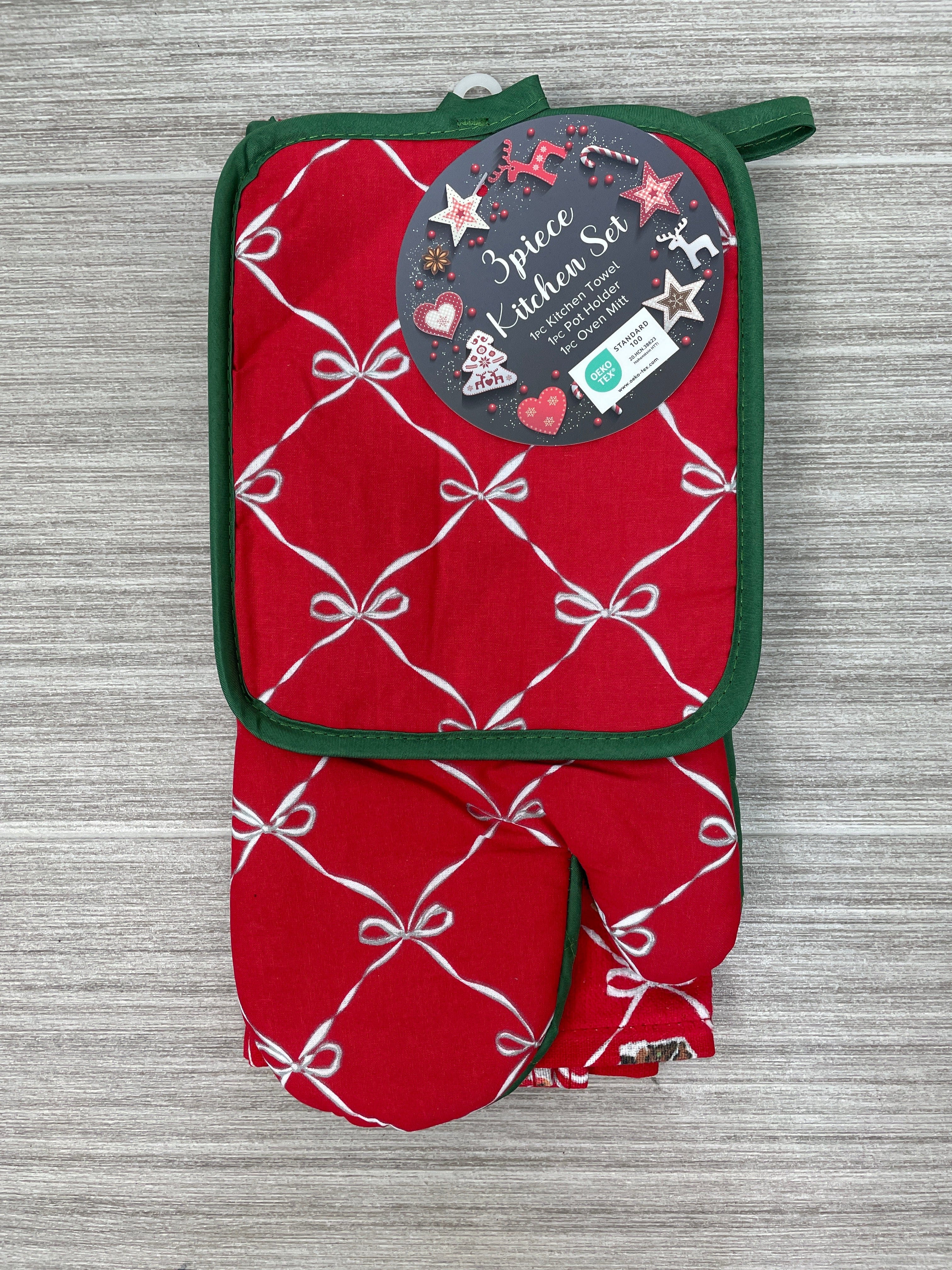 3pc Christmas Motif Bows Kitchen Linen Set