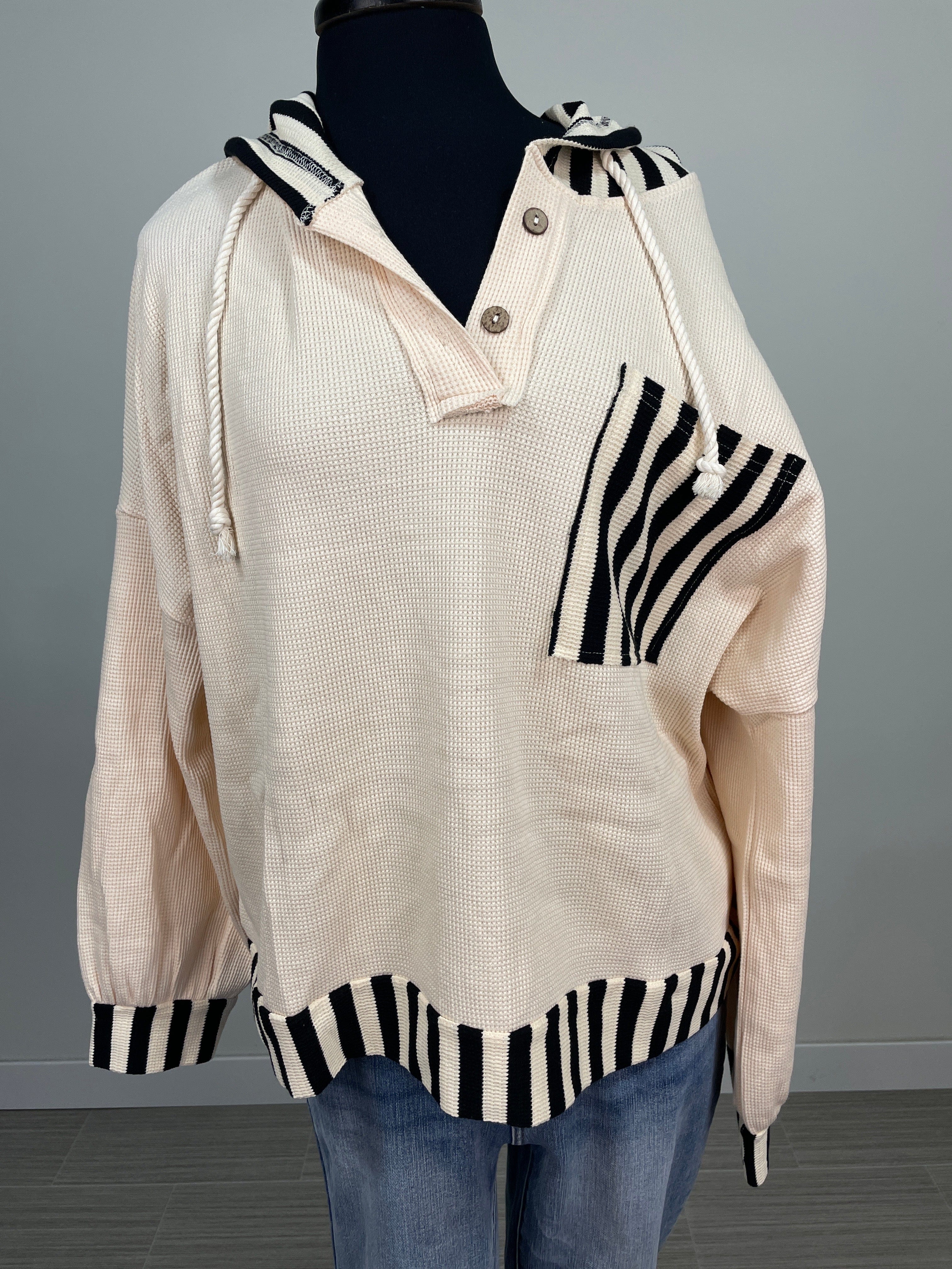 Cream & Black Stripe Mix Hoodie