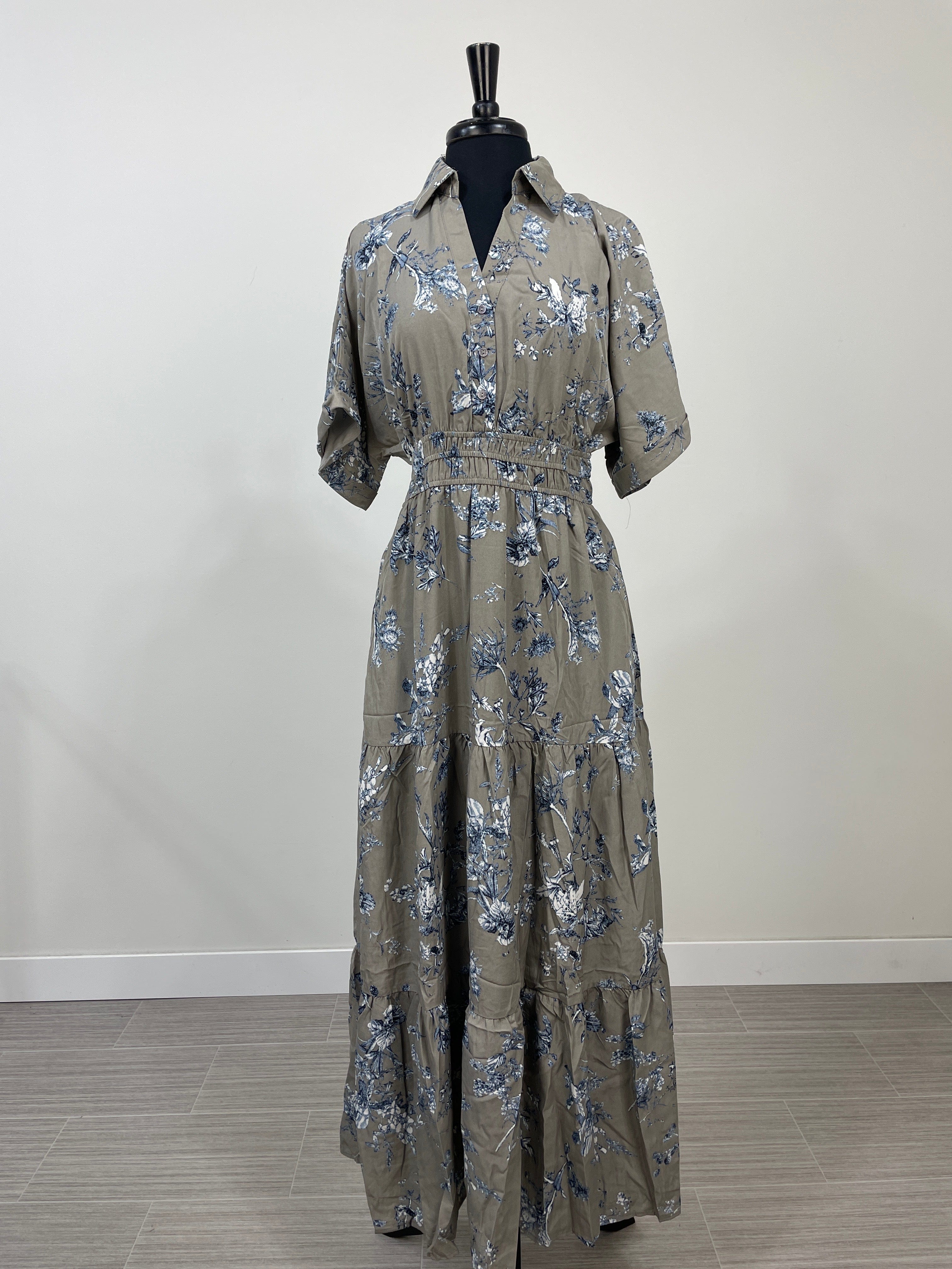 Mocha Grey Collar Floral Maxi
