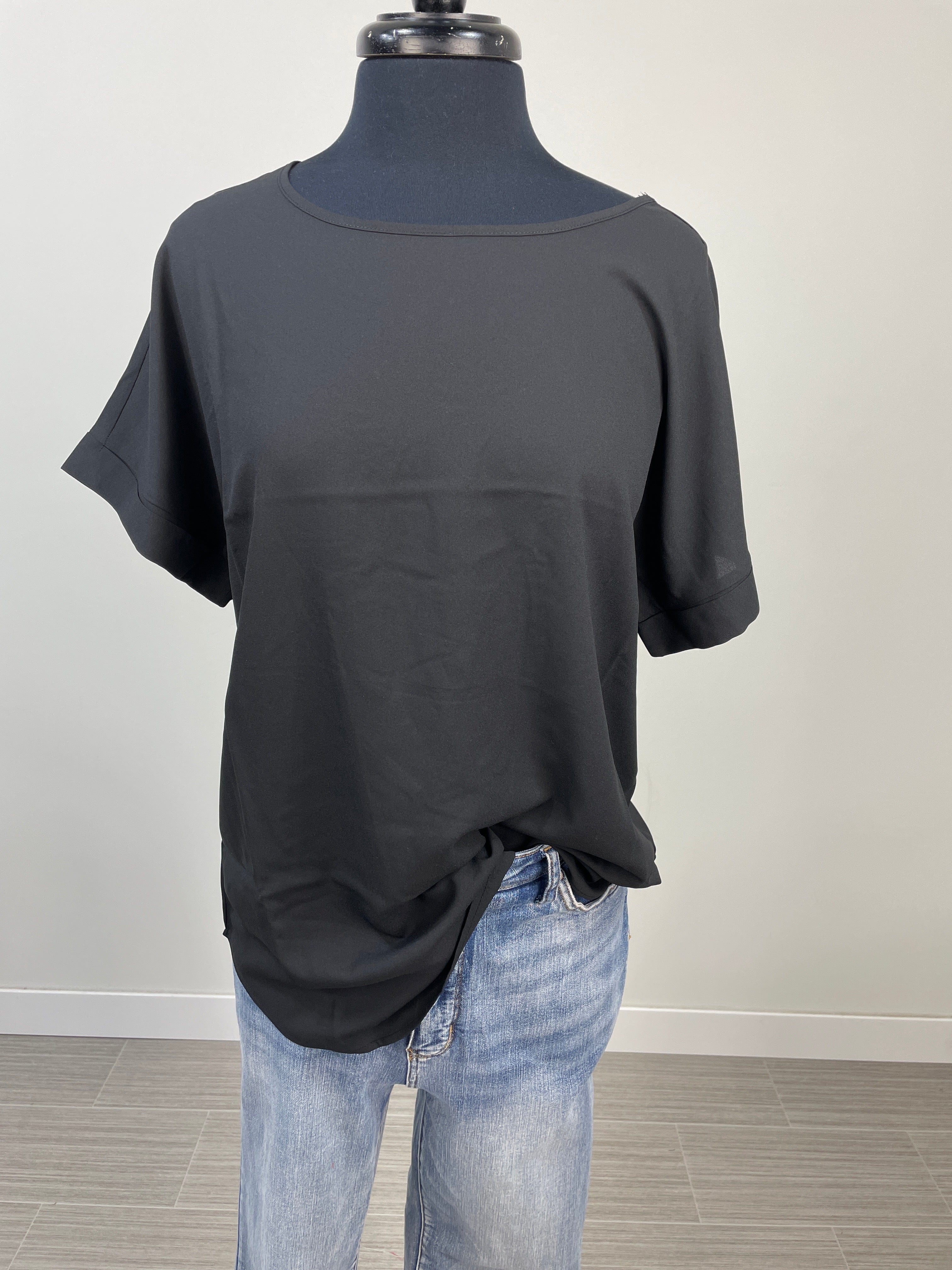 Black Rolled Sleeve Boat Neck Top