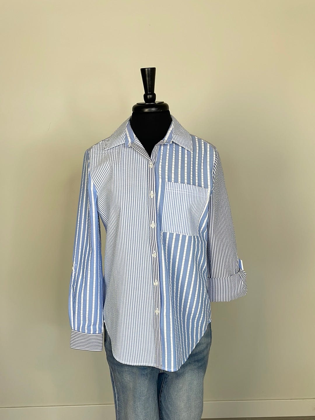Blue Multi Stripe Rolled Sleeve Blouse