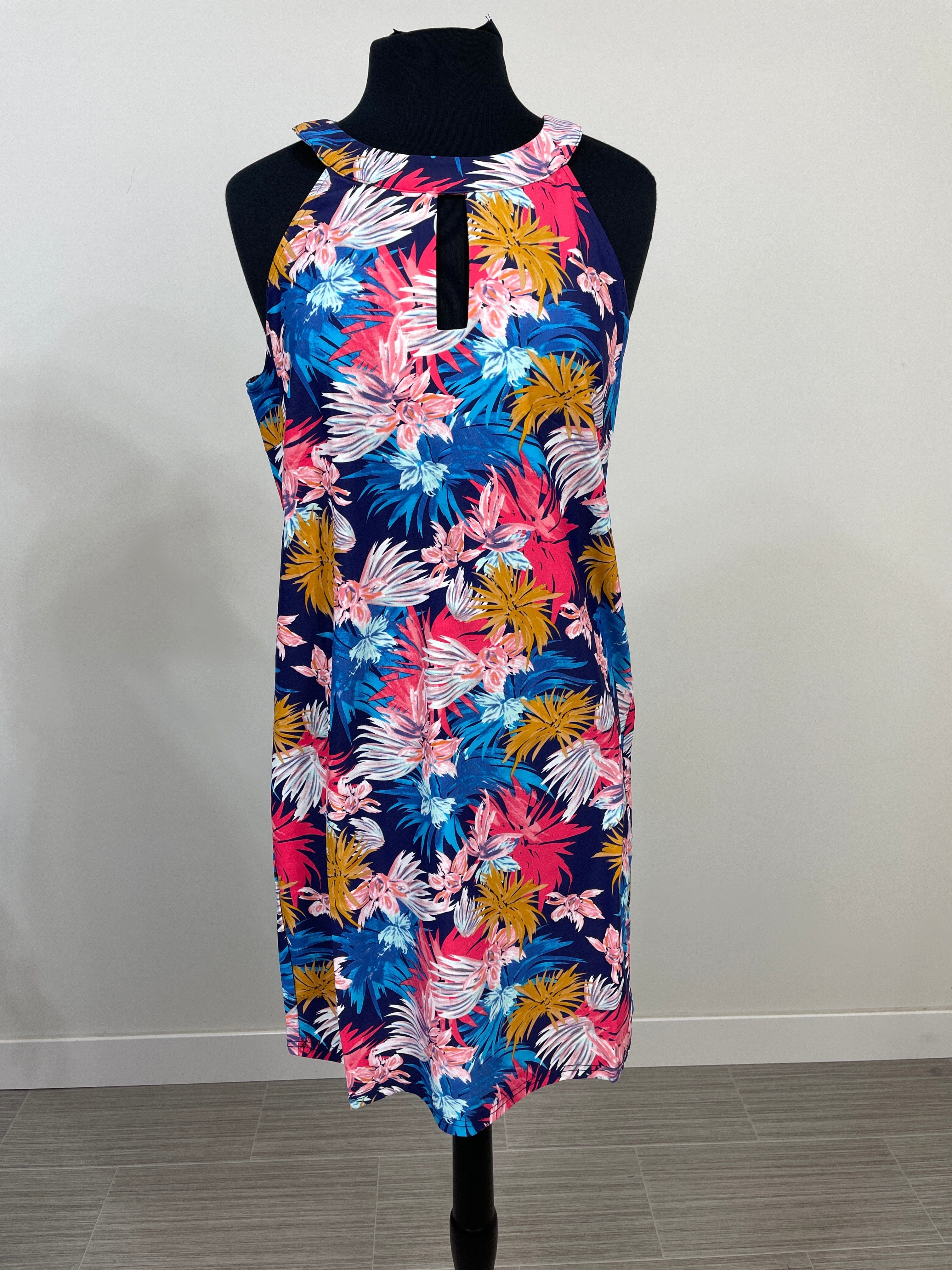 Navy & Pink Floral Sleeveless Cutout Dress