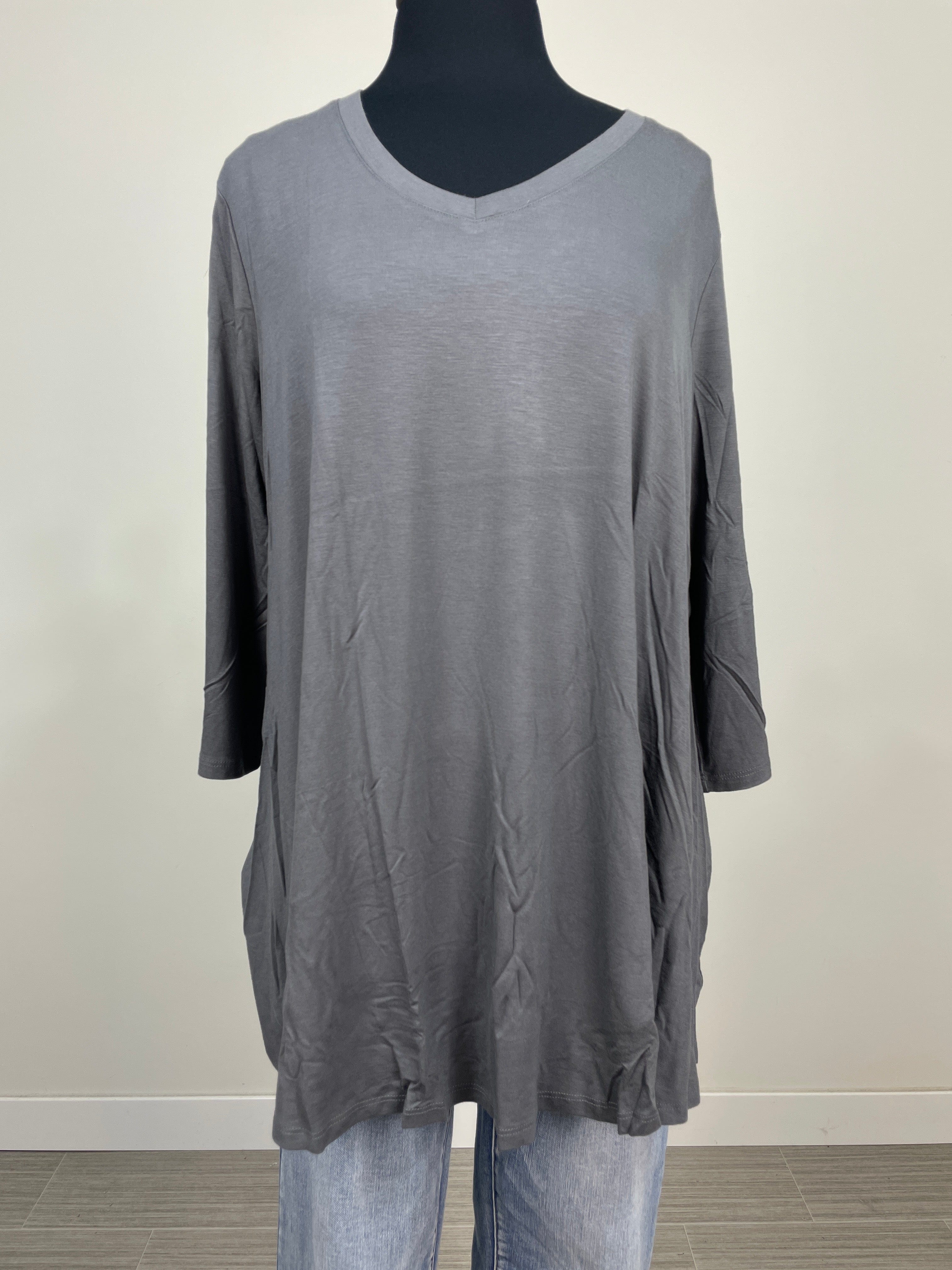 Gray Basic V-Neck Top