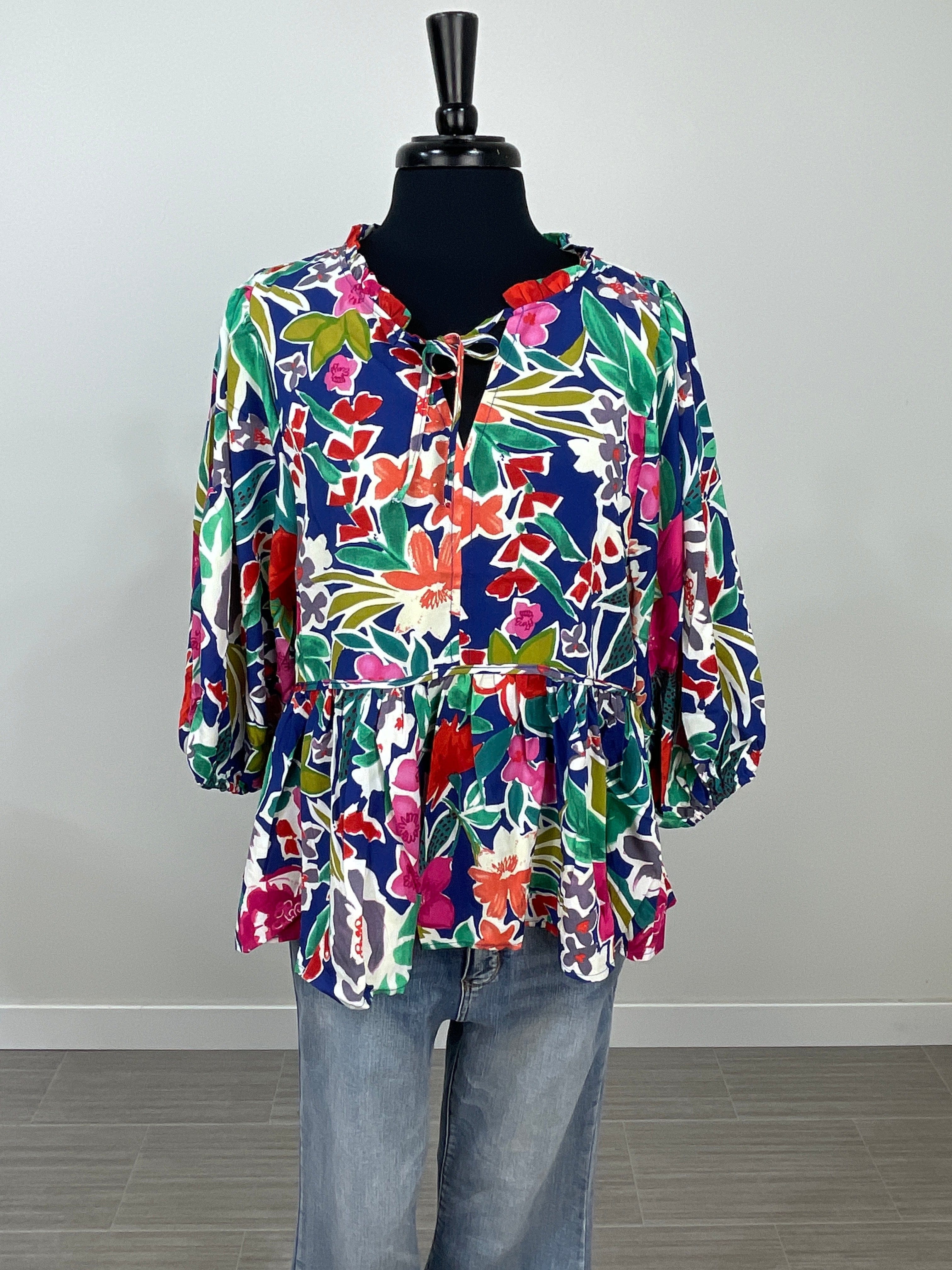 Navy Floral V-Neck Ruffle Front Tie Blouse