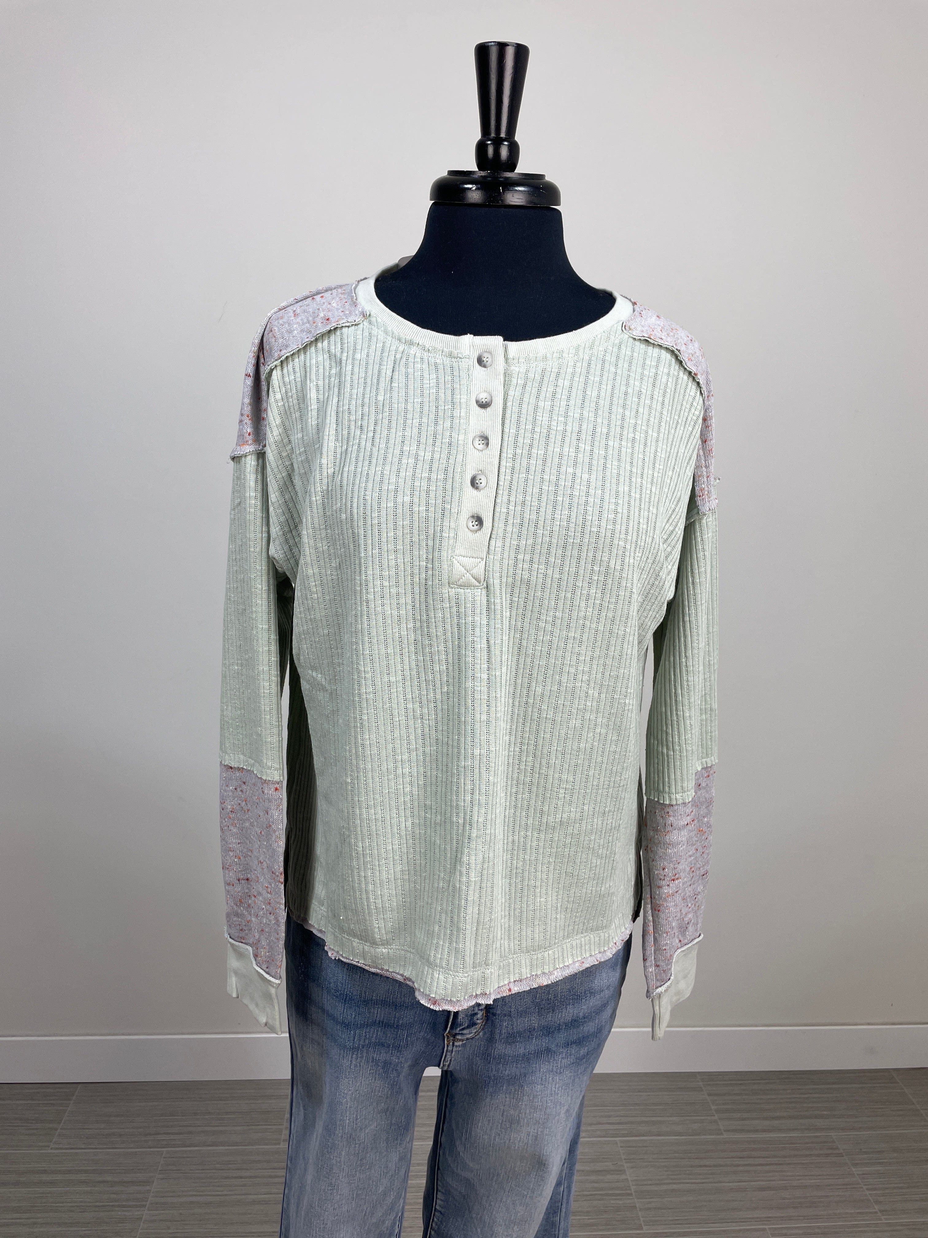 Mint & Gray Knit Block Henley Top