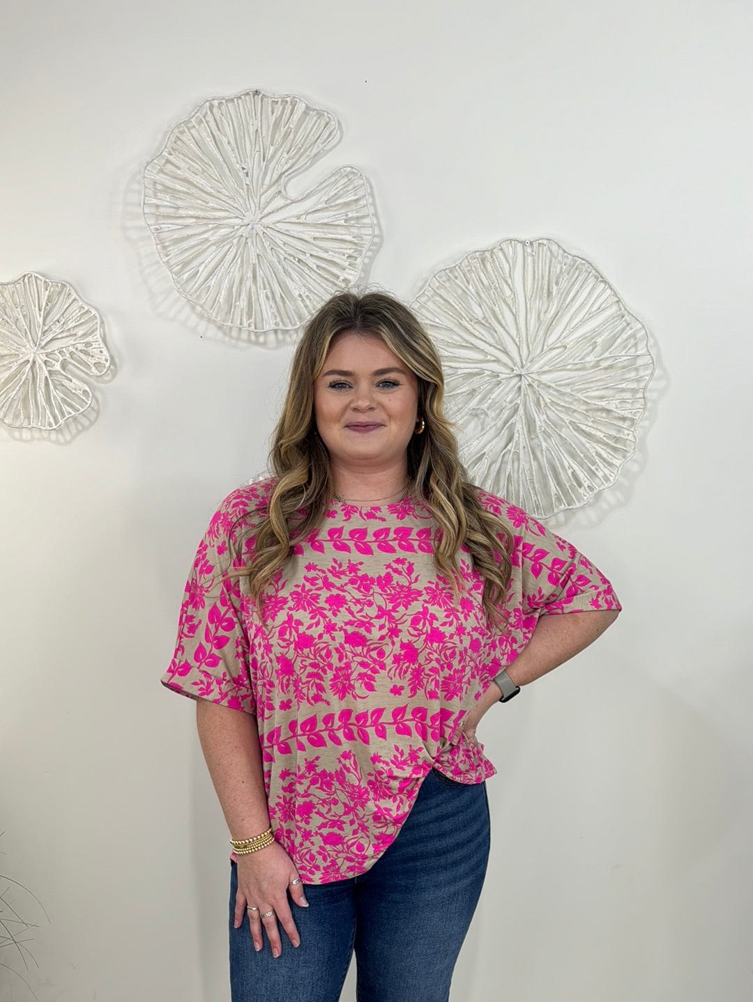 Beige & Hot Pink Floral Boyfriend Top