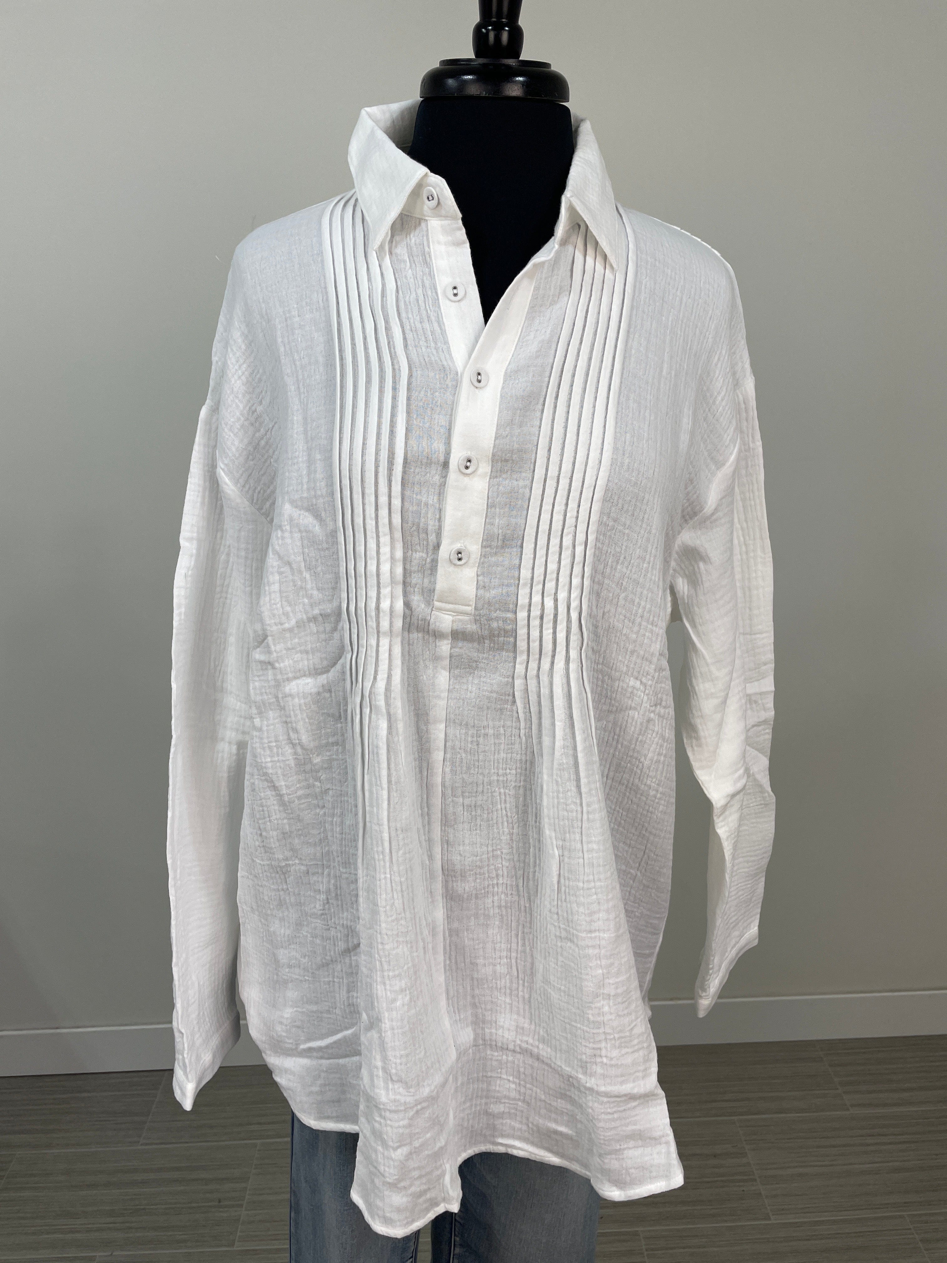 White Long Sleeve Button Tunic Blouse