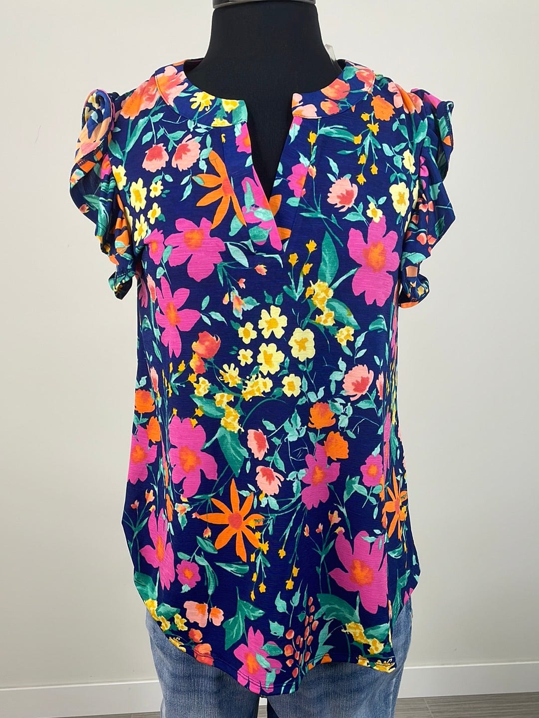 Navy Floral Ruffle Cap Sleeve Top