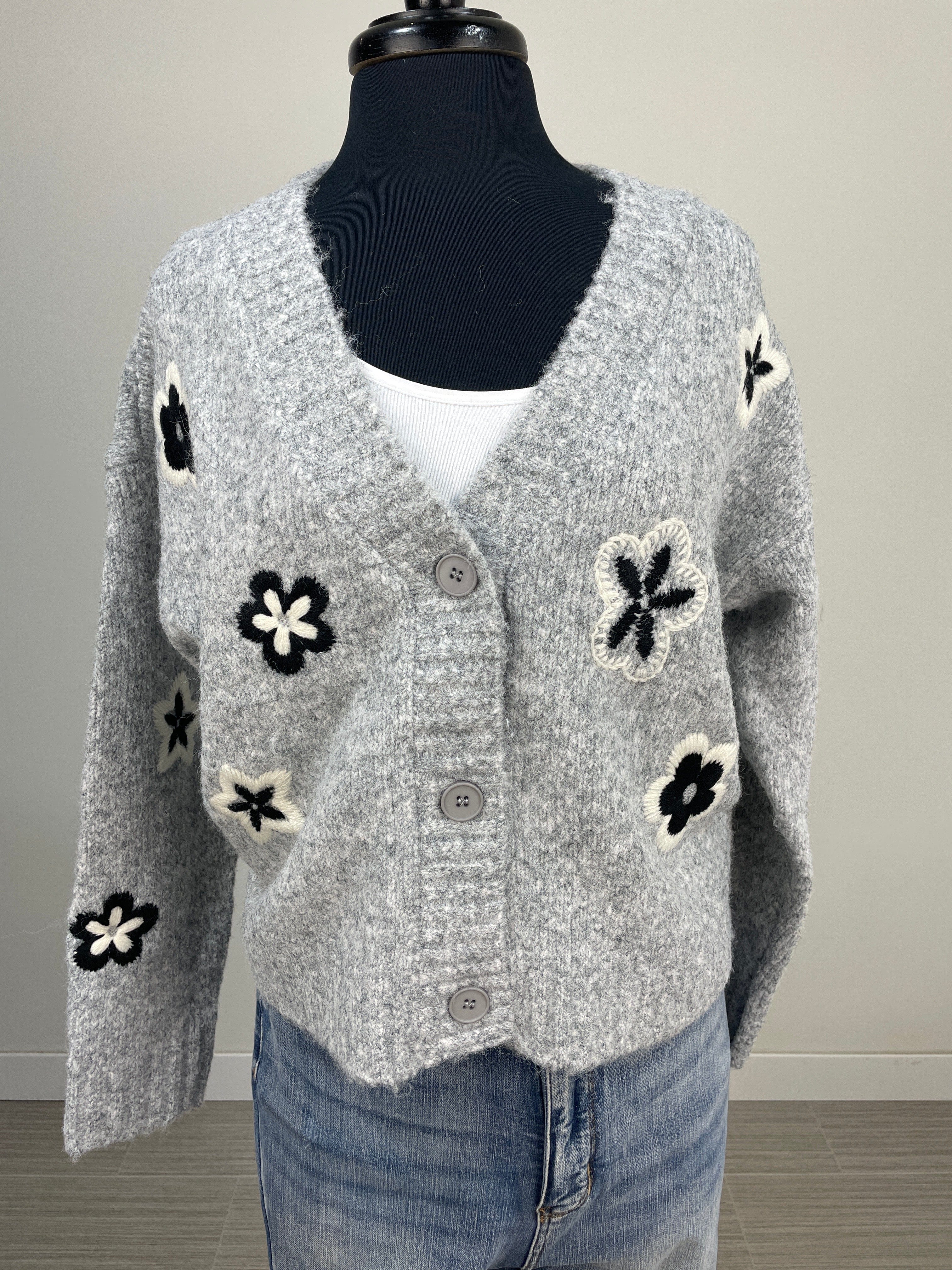 Grey Embellished Flower Cardigan